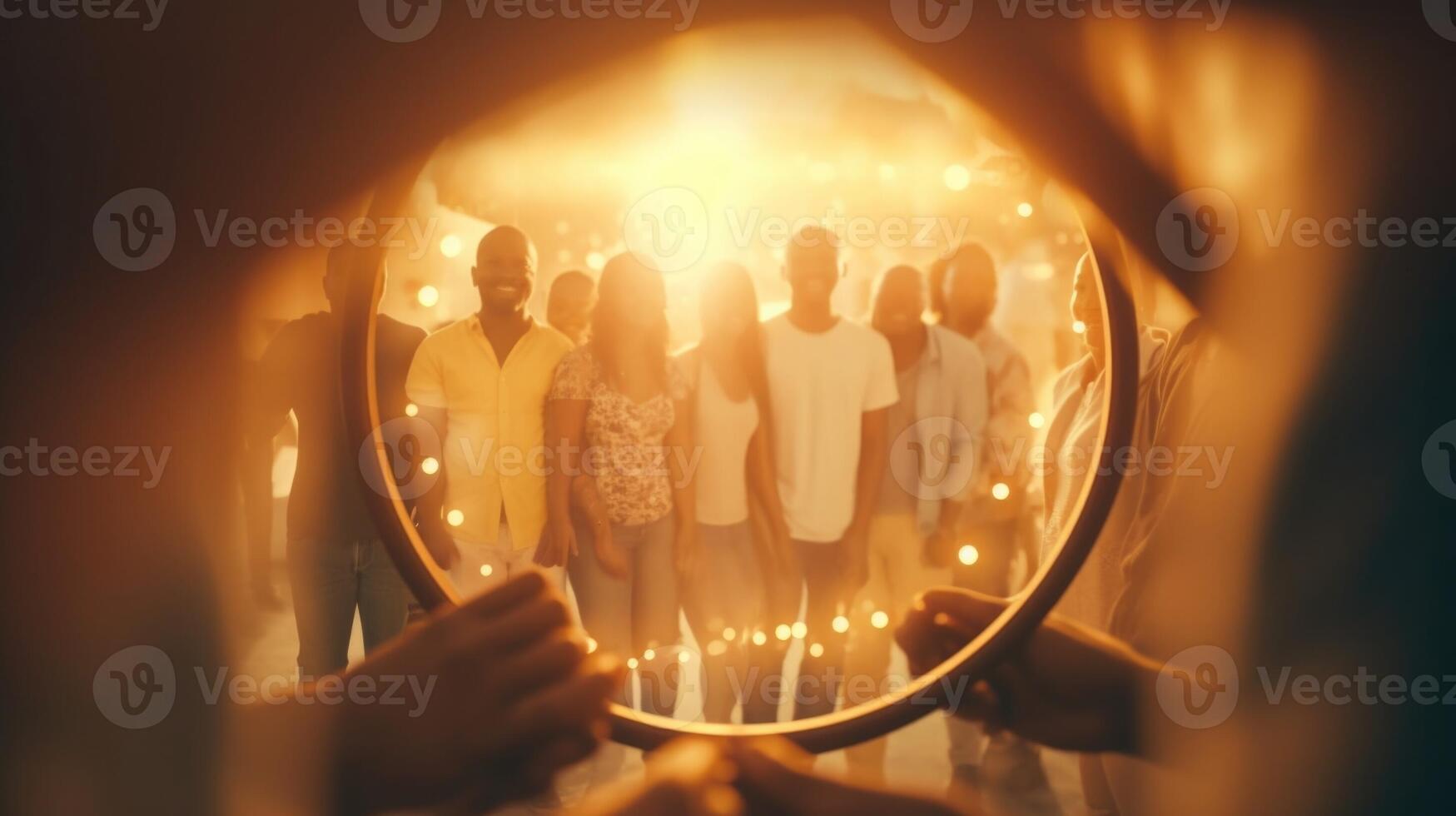 Closeup of a photo frame containing a picture of a diverse group of people holding hands and smiling, representing unity and understanding.