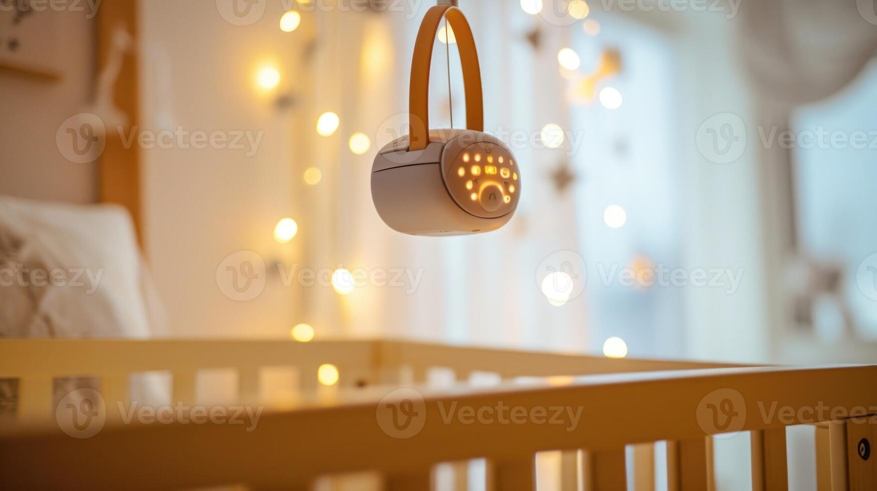 Closeup of a smart crib with a mobile hanging above. photo