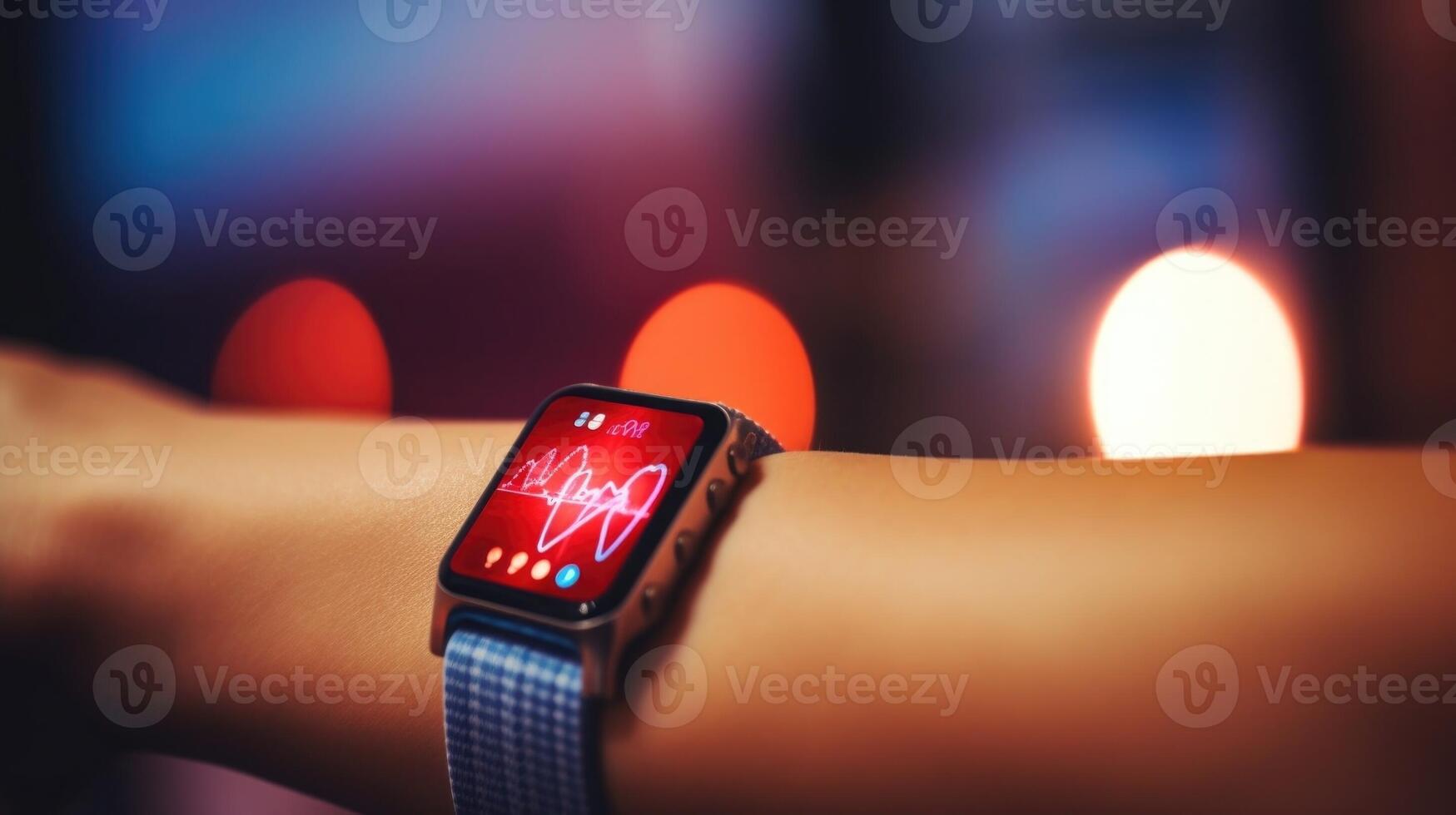 Closeup of a heart rate monitor on a patients arm, showing their current heart rate. photo