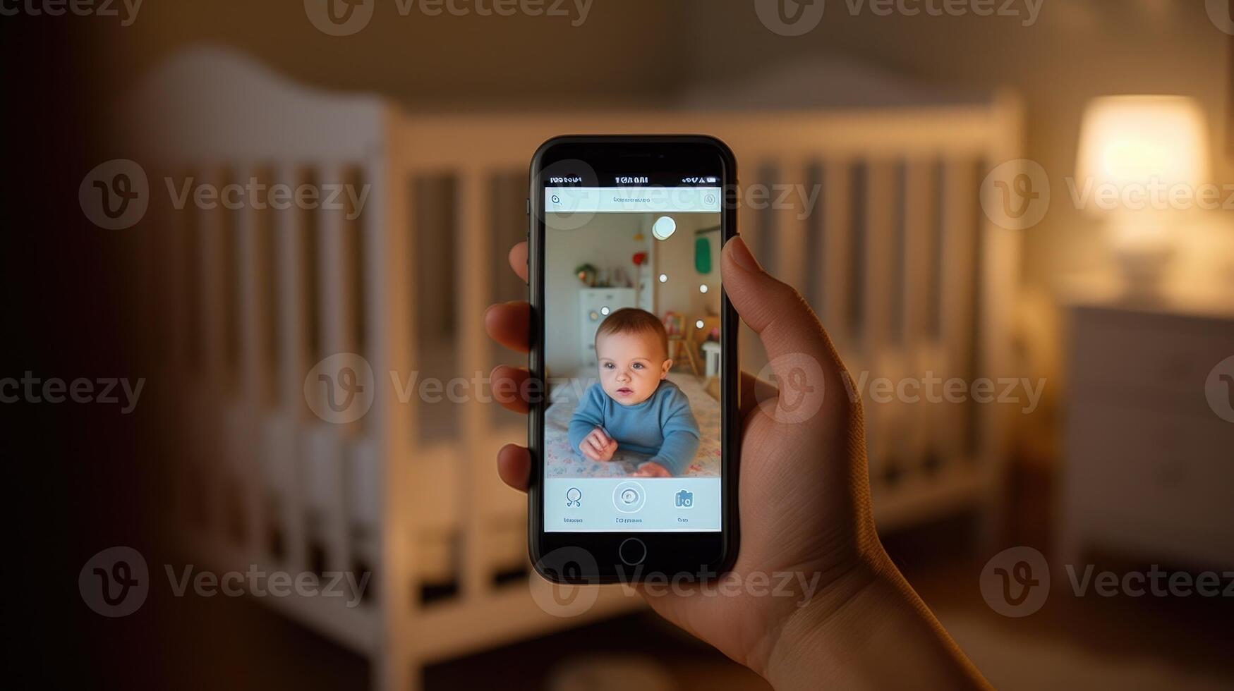 Closeup of a parents hand holding their phone, with a baby monitor app visible on the screen. photo