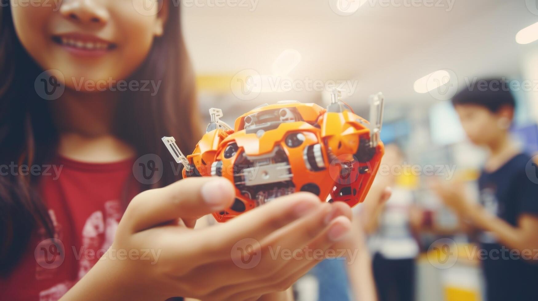 Closeup of a teens hand holding a programming manual, while adjusting a robots speech function. photo