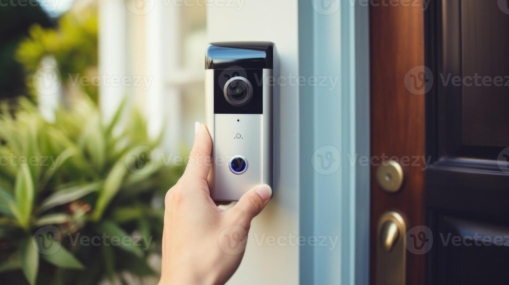 Closeup of a persons finger tapping on a doorbell camera to view live footage. photo