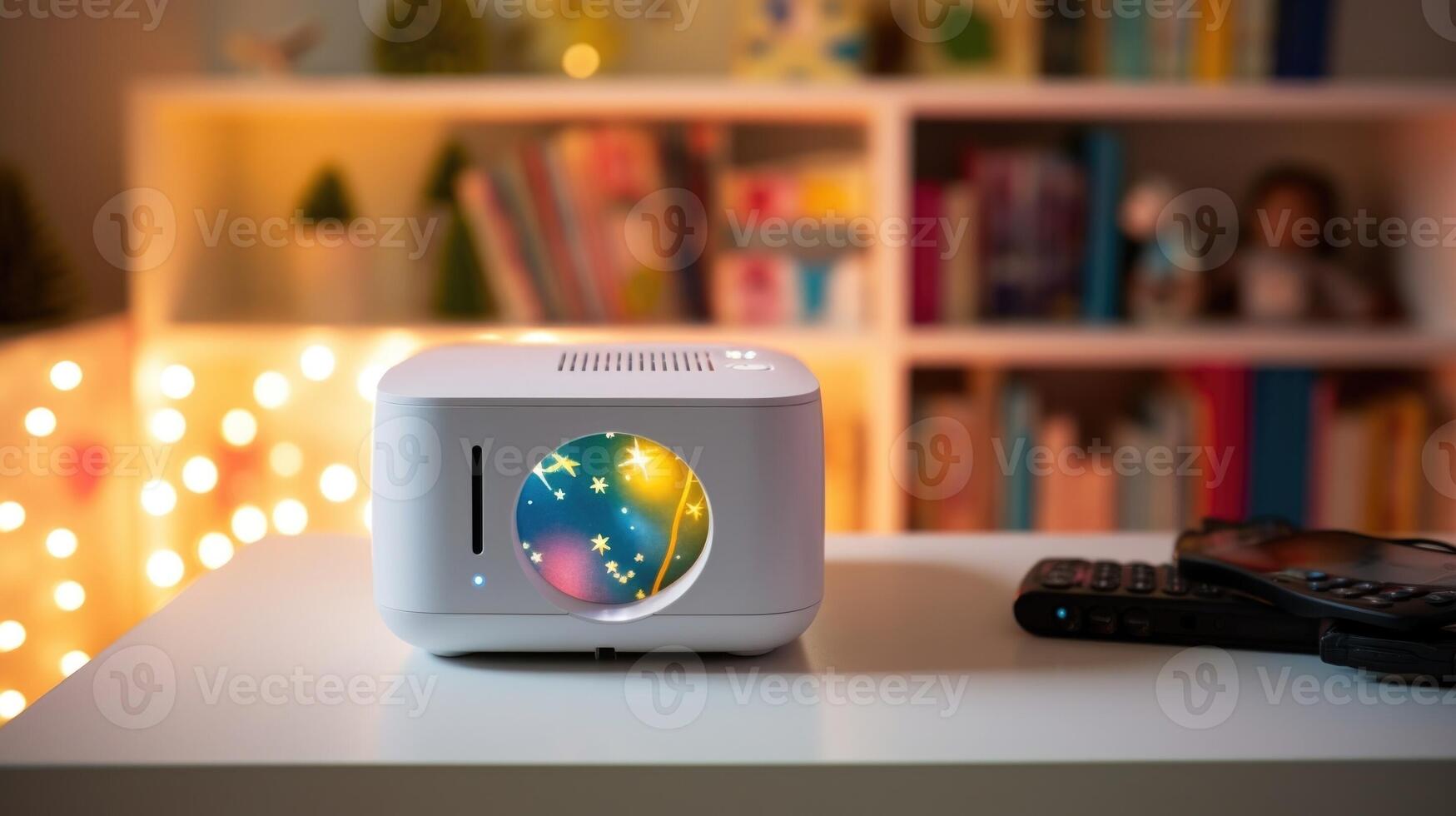Closeup of a smart projector, displaying a virtual field trip for the children to explore from the comfort of their home. photo