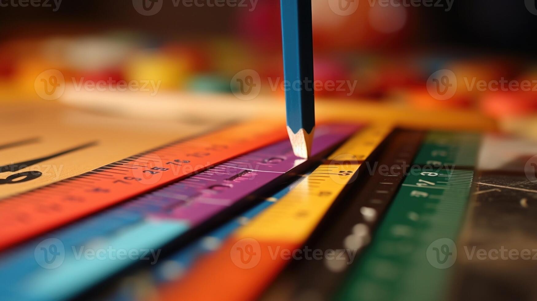 Closeup of a ruler being used to measure out precise s on a stack of brightly colored construction paper, to create a unique fan art piece dedicated to a popular TV show. photo