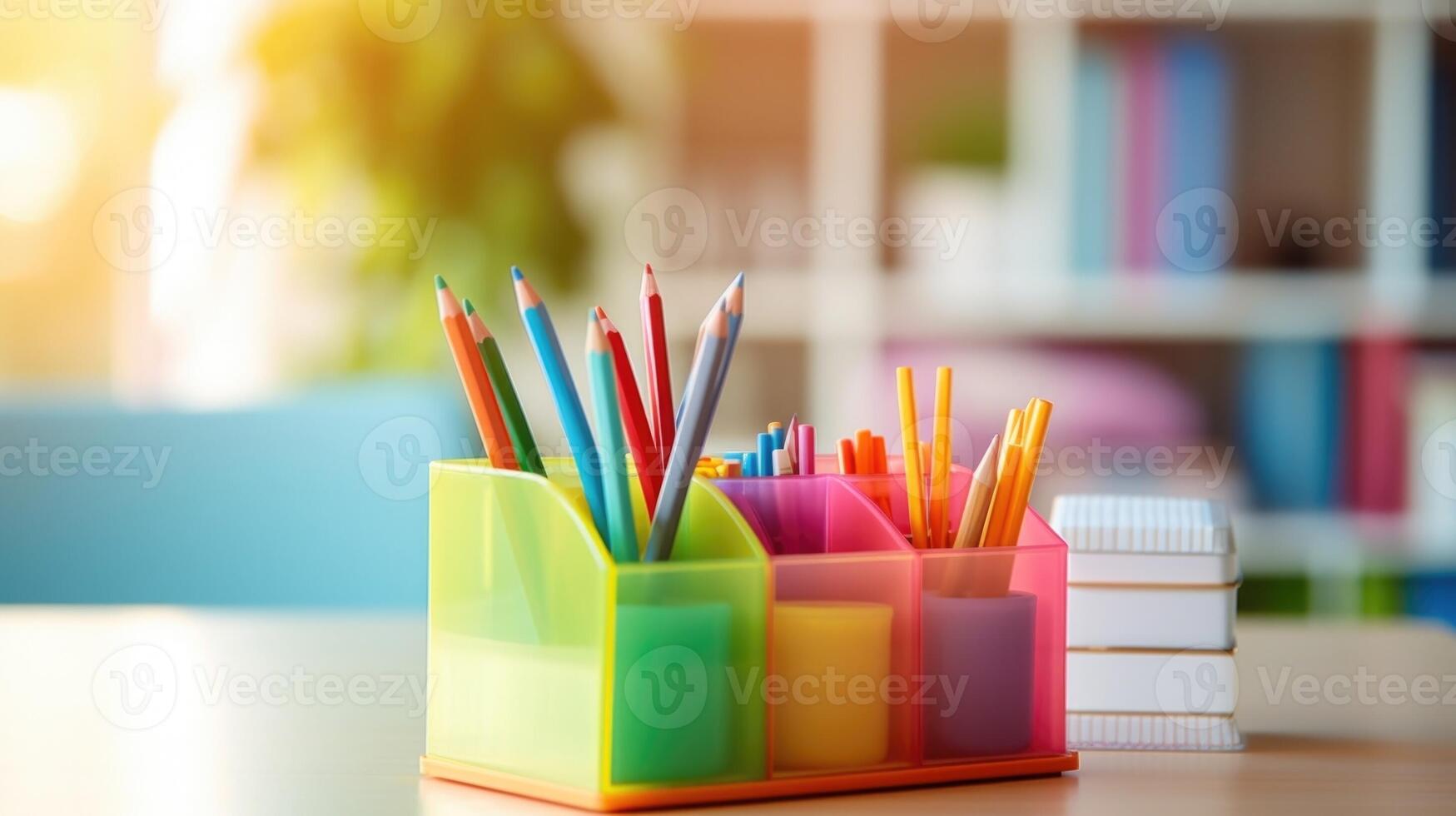 Closeup of a colorful and functional desk organizer, holding a variety of office supplies and stationery items, in a vibrant home office. photo