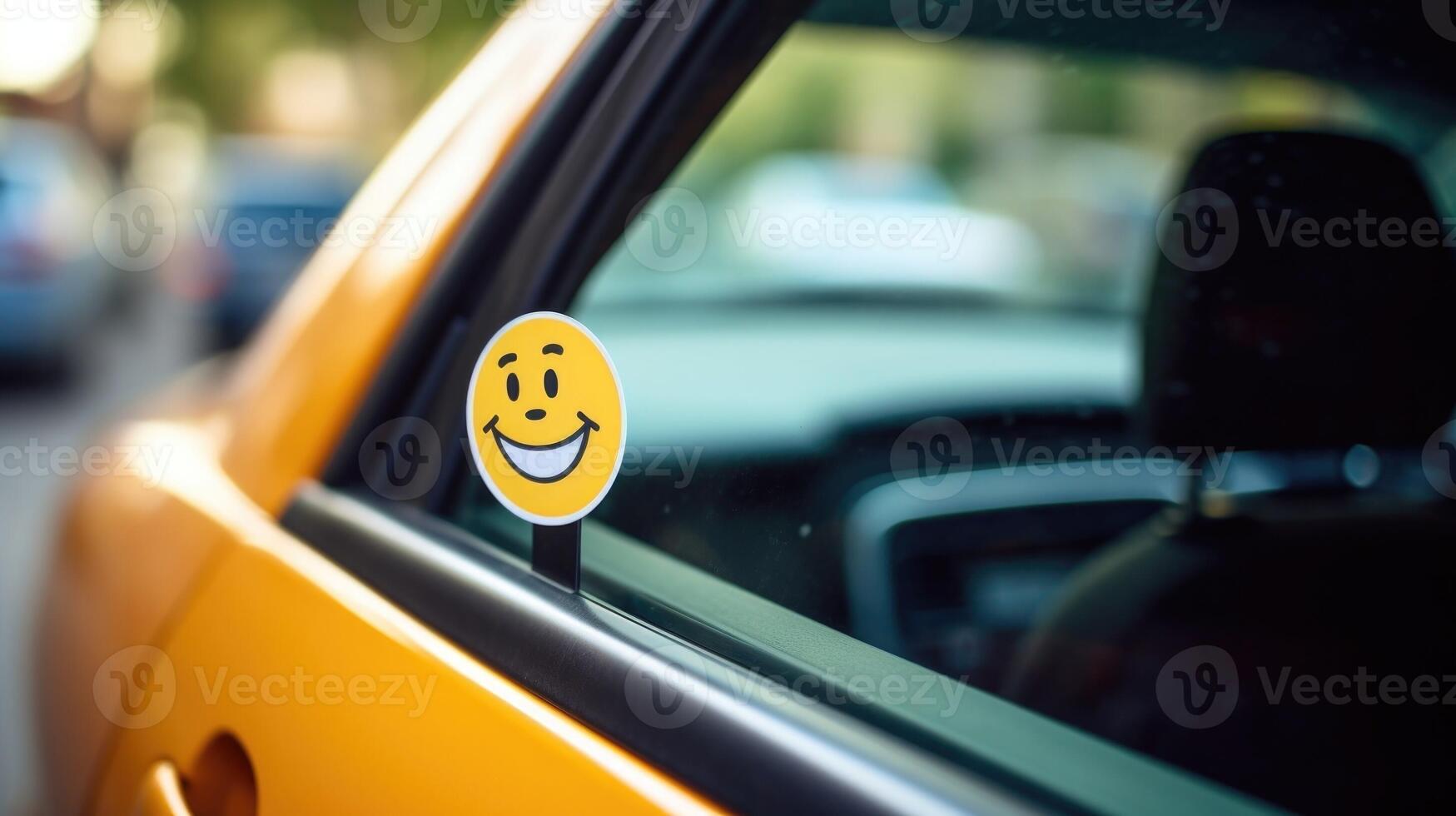 Closeup of a carpooling sticker, featuring a clever slogan and a e cartoon car, displayed on the back window of a car. photo