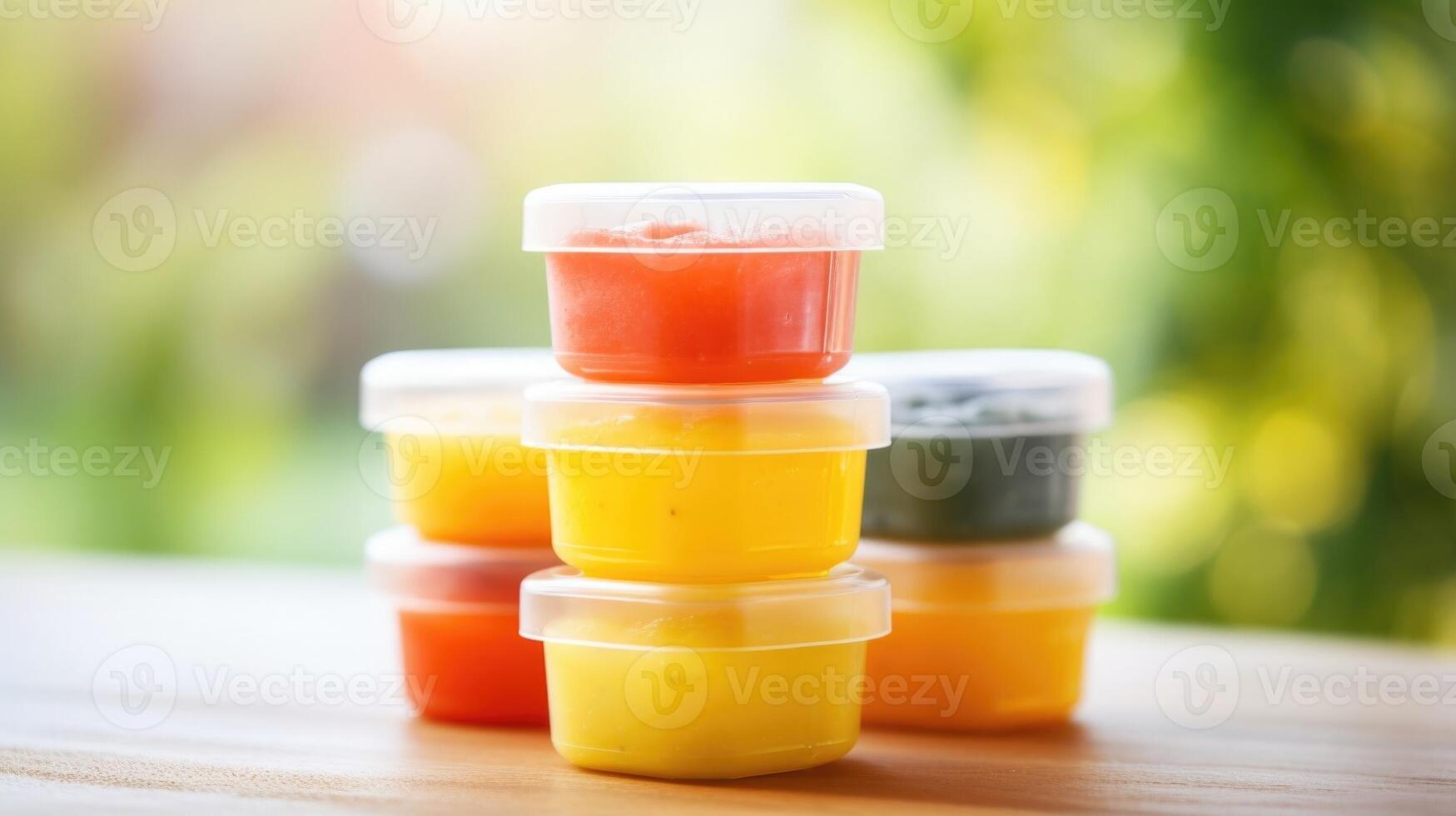Closeup of a stack of mini silicone food storage containers filled with homemade baby food, perfect for onthego feeding. photo