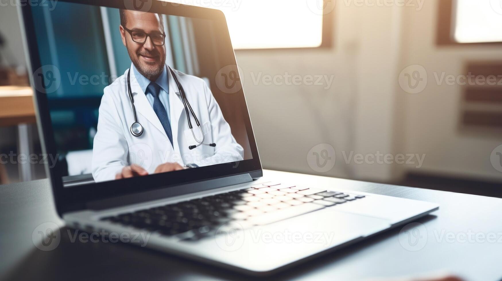 Closeup of a laptop keyboard with a call in progress between a doctor and patient for telemedicine consultation. photo