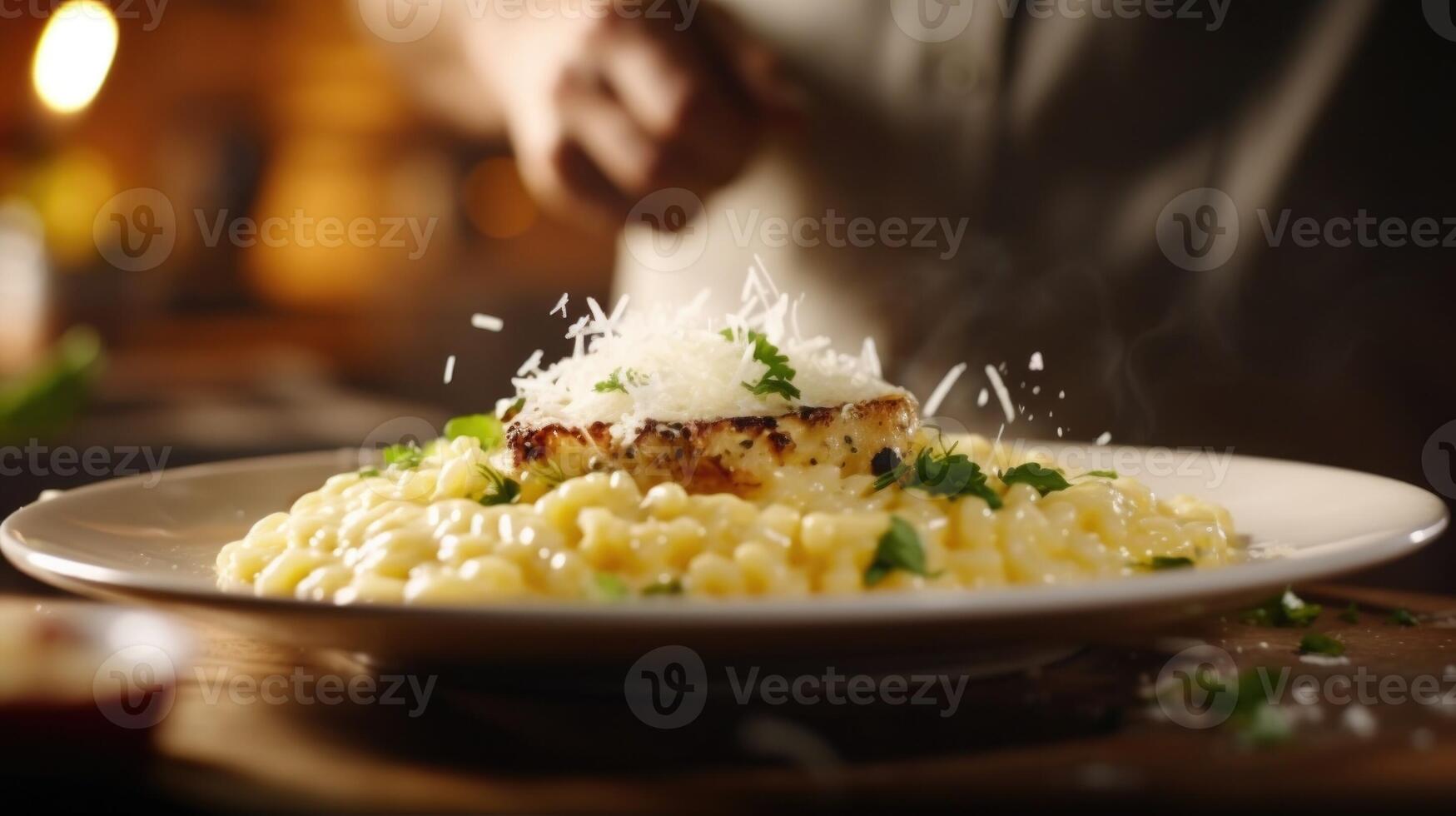Closeup of a mouthwatering dish of risotto being garnished with freshly grated cheese by a renowned chef during a live cooking broadcast. photo