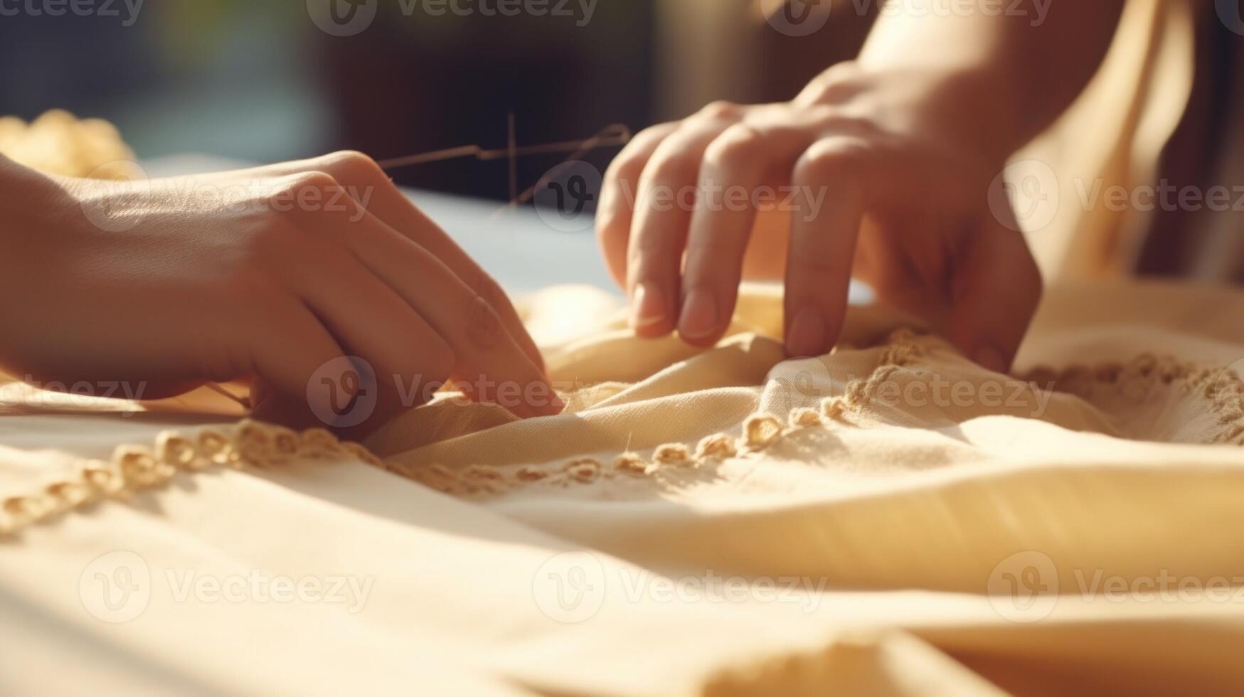 Closeup of a seamstresss hands carefully stitching a hemline. photo