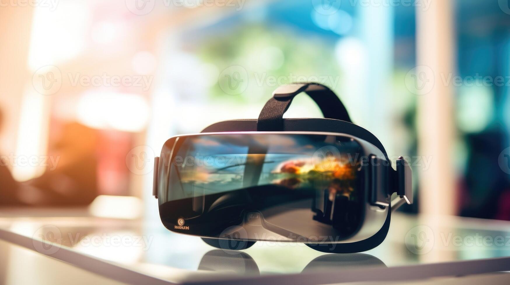 Closeup of a VR headset being adjusted on a stand, ready to be experienced by the next eager viewer. photo
