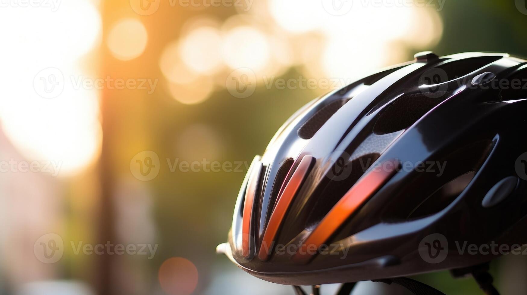 Closeup of a bike helmet p on the handlebars of a bicycle. photo