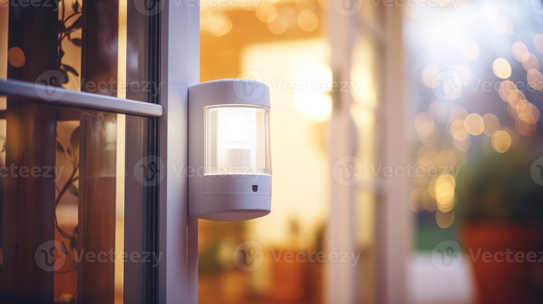 Closeup of a motion sensor attached to a doorway, allowing for automatic lighting control. photo