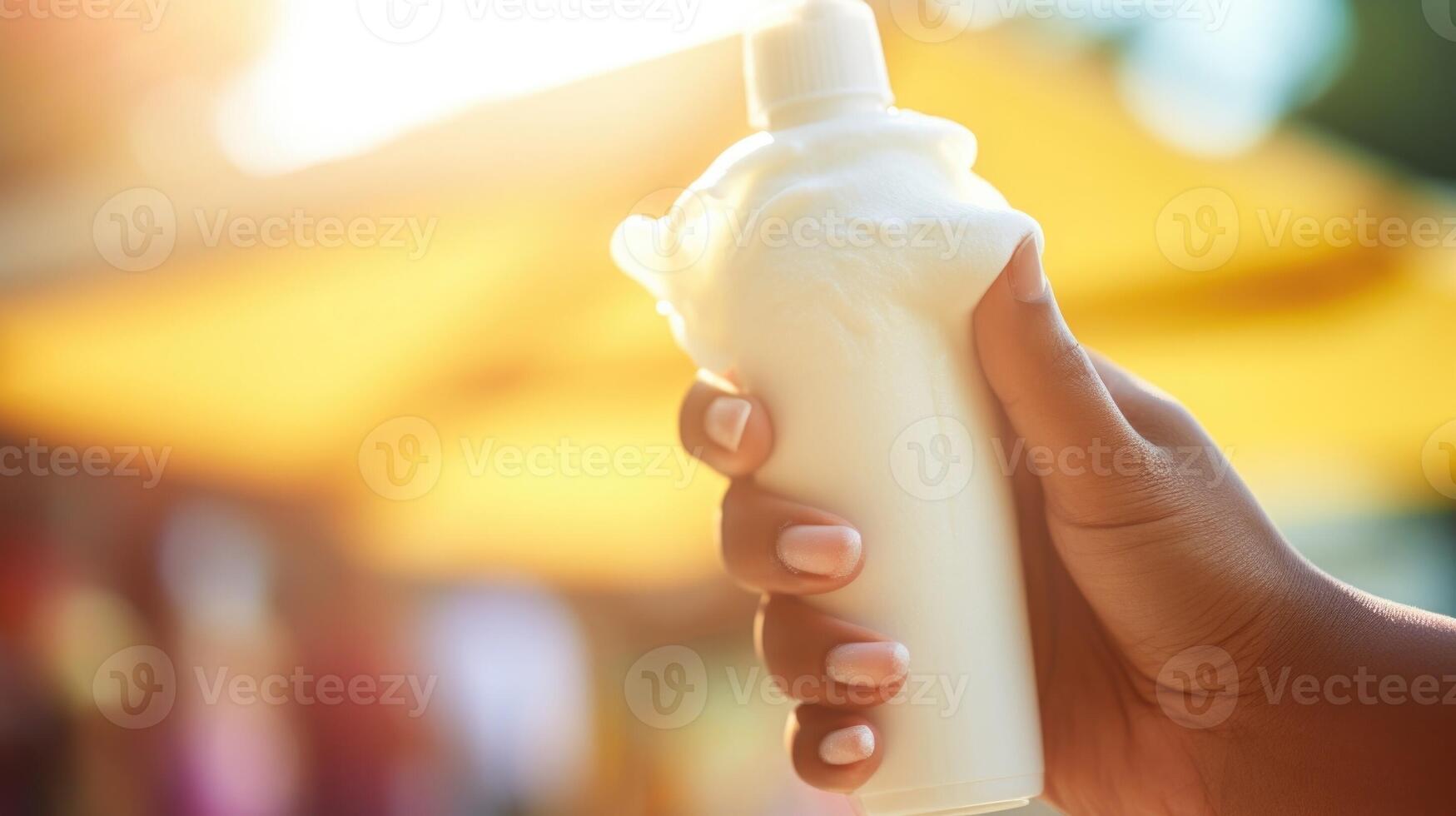 Closeup of a foamy sunscreen mousse being dispensed onto a shoulder. photo