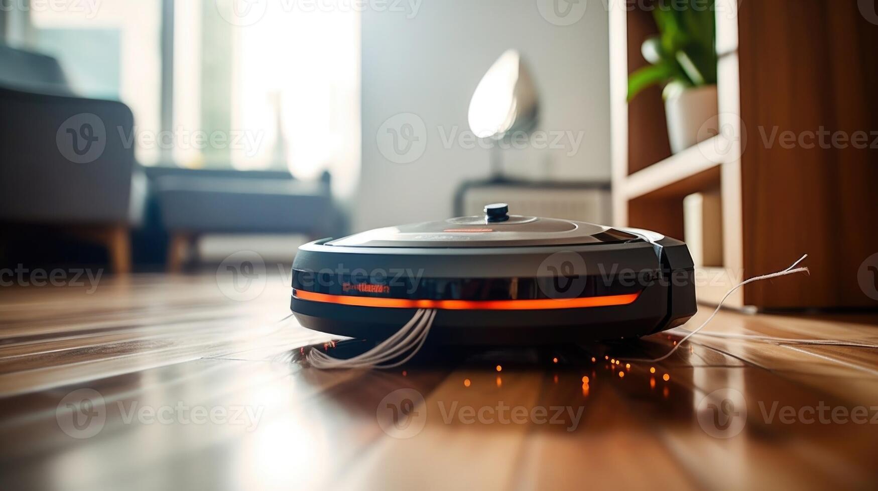 Detailed view of a robot vacuums side brushes reaching to the edges of a room for thorough cleaning. photo