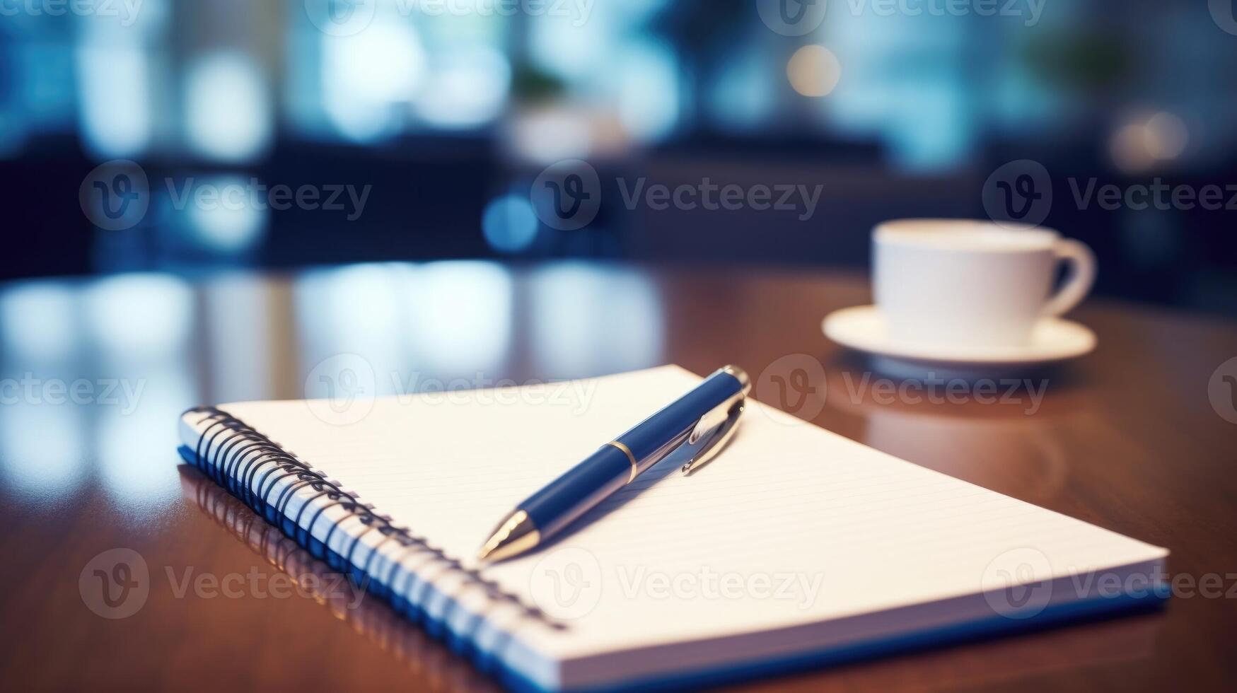 Closeup of a notepad and pen next to a device for taking notes during a virtual book club discussion. photo