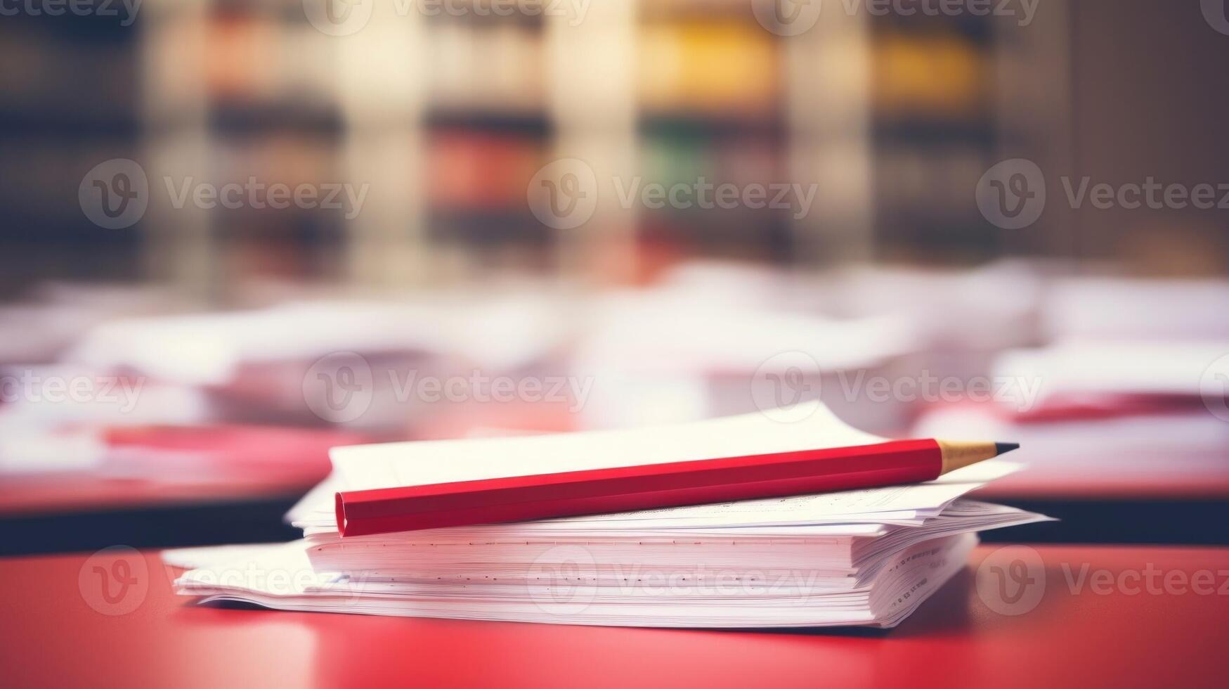 Closeup of a stack of test papers with a red pen marking incorrect answers, symbolizing the pressure on students to succeed despite extenuating circumstances. photo