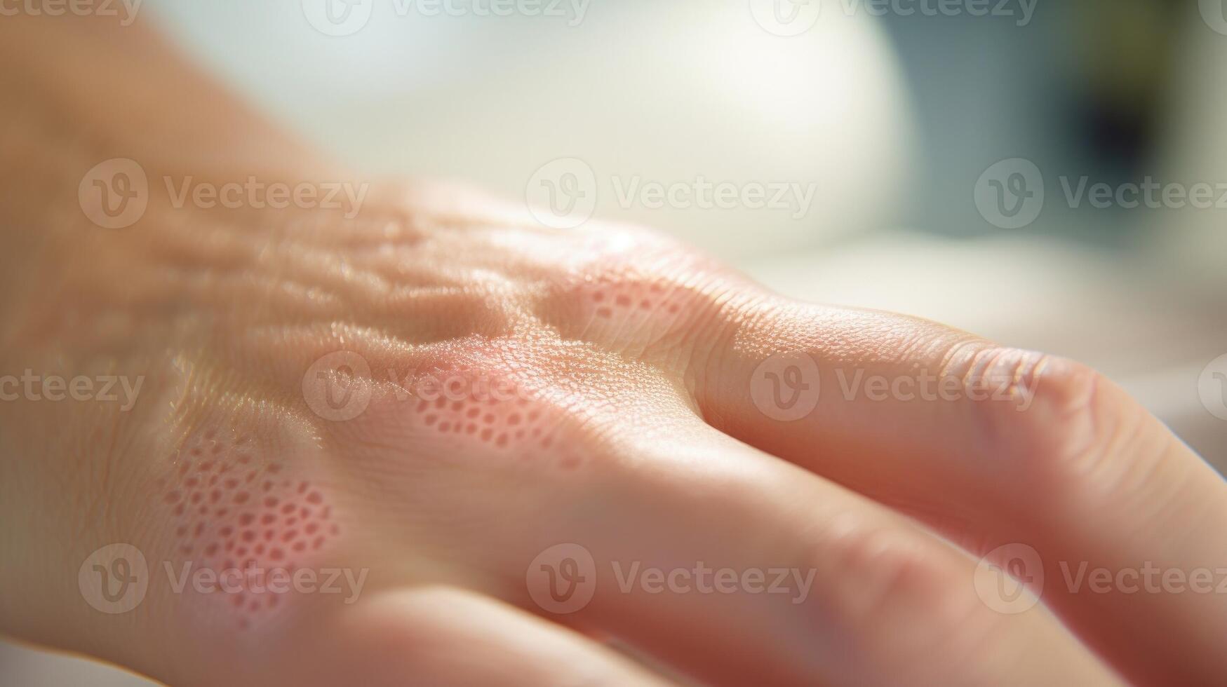 Macro closeup of a virtual dermatology appointment, showing the patients hands holding up a patch of problematic skin to the camera. photo