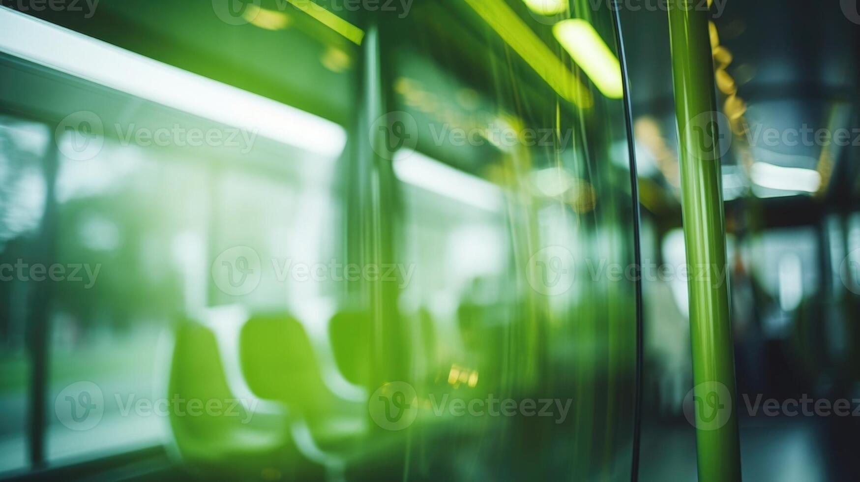 A closeup of the interior of an electric bus, showing the clean and modern design of the ecofriendly vehicle. photo