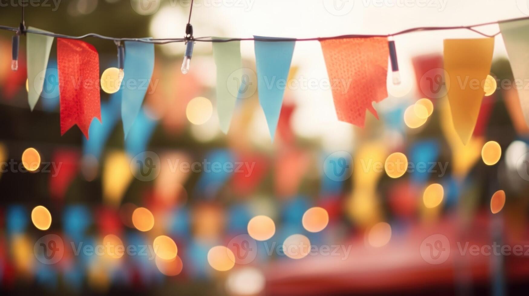 Closeup of a string of colorful bunting hanging as a backdrop to the stage. photo