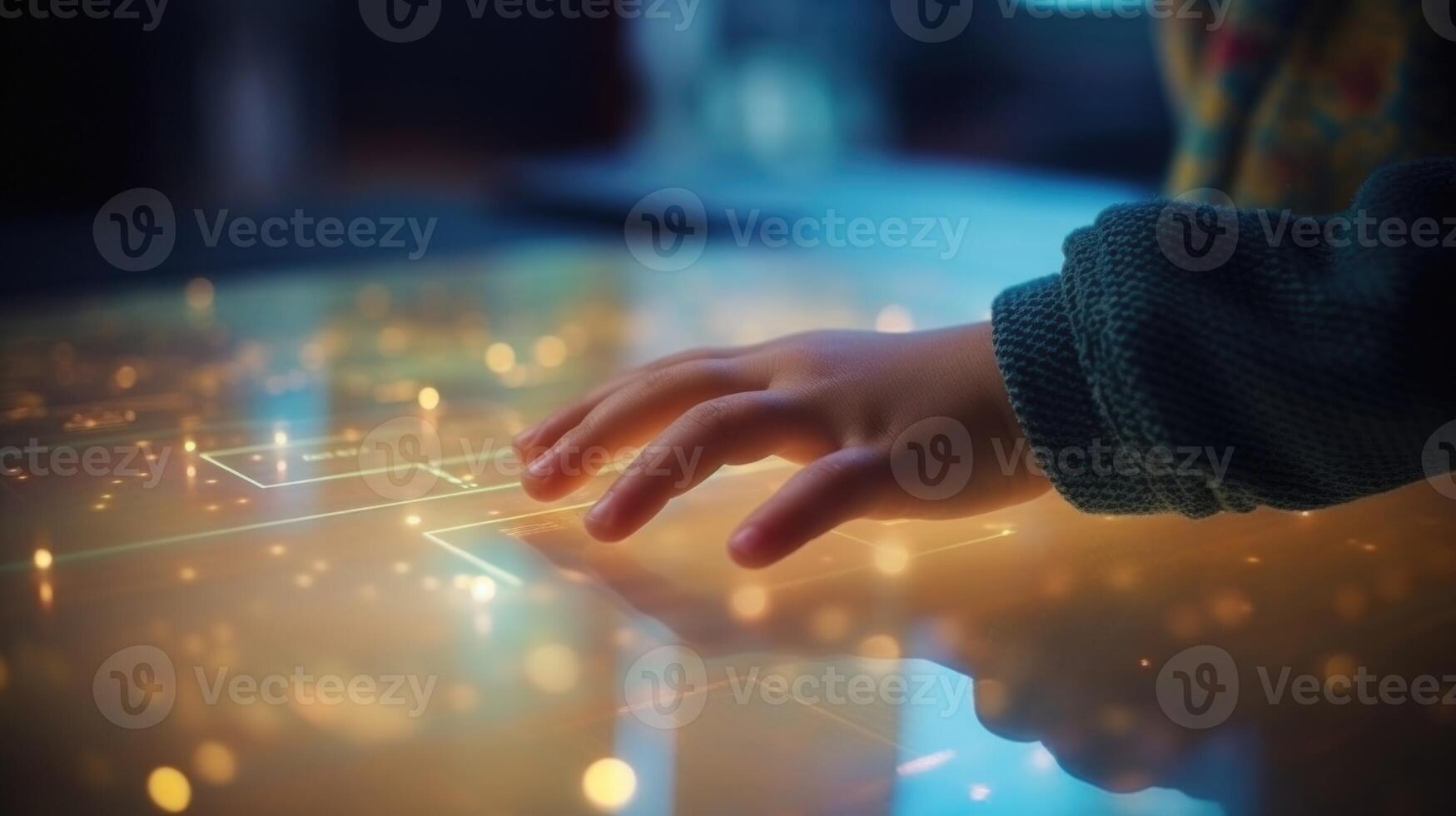 Closeup of a young childs hand tapping on the screen to turn a virtual page. photo