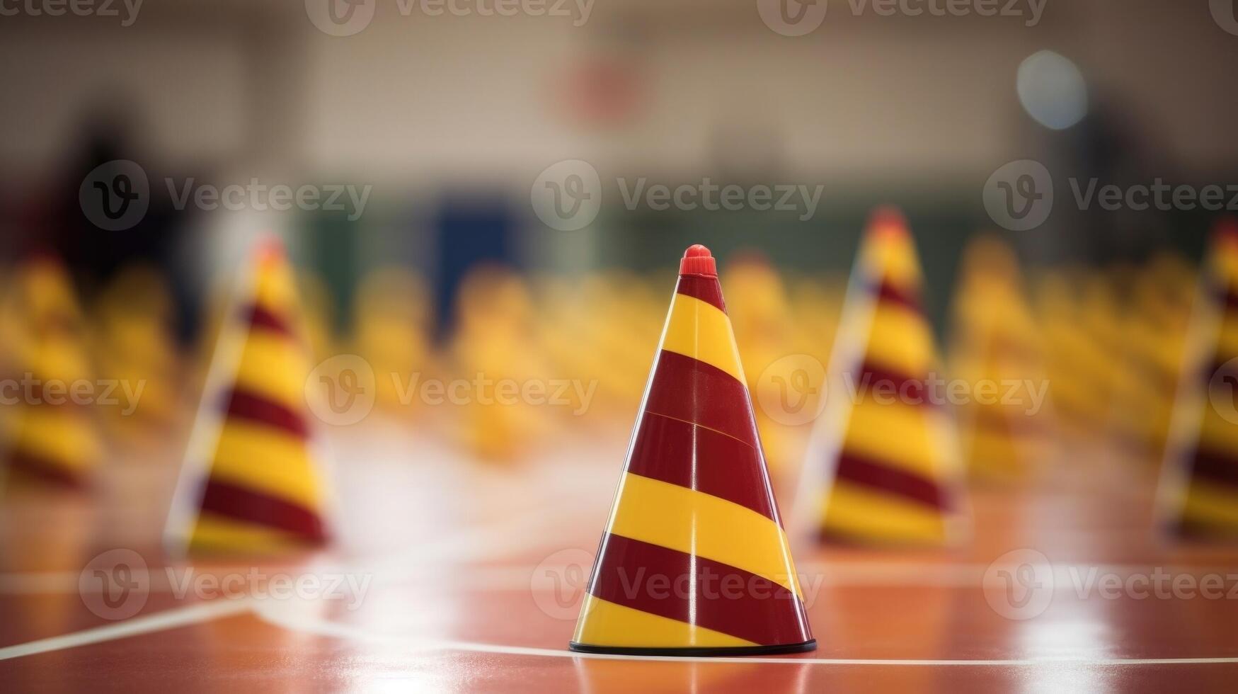 Closeup of cones set up in a zigzag pattern for dribbling drills. photo
