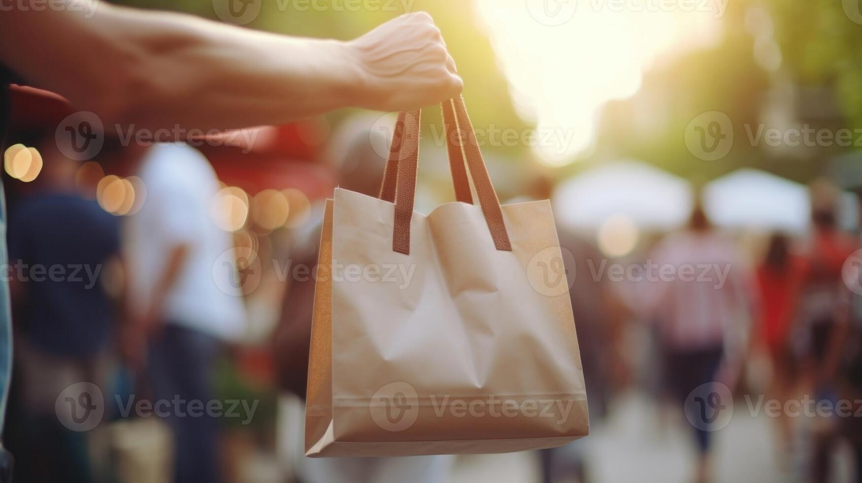 Closeup of a mans hand carrying a full reusable shopping bag while walking through a busy outdoor market. photo
