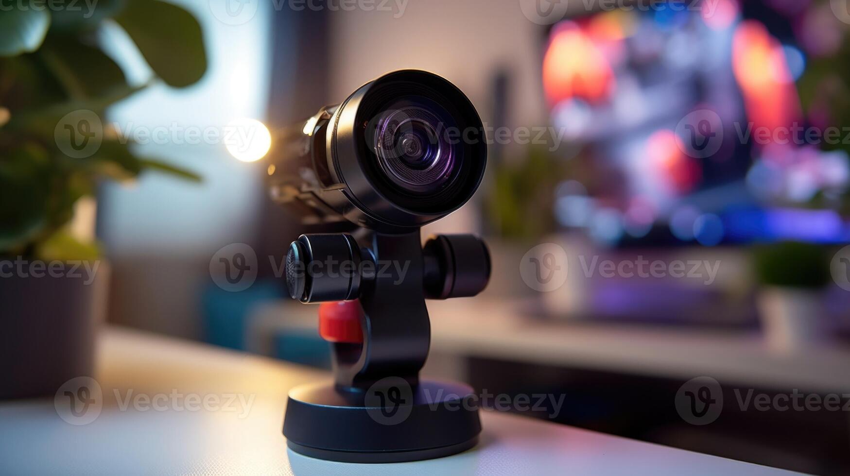 Closeup of a webcam, emphasizing the lack of physical interaction in remote learning. photo