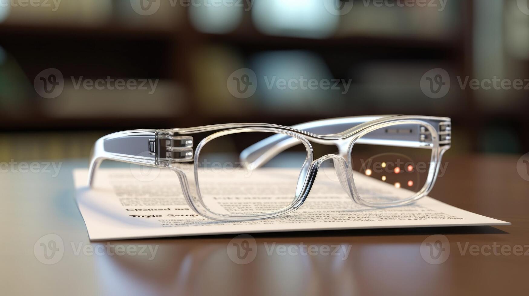 Closeup of a pair of glasses with an augmented reality overlay of educational material, ready for students to use. photo