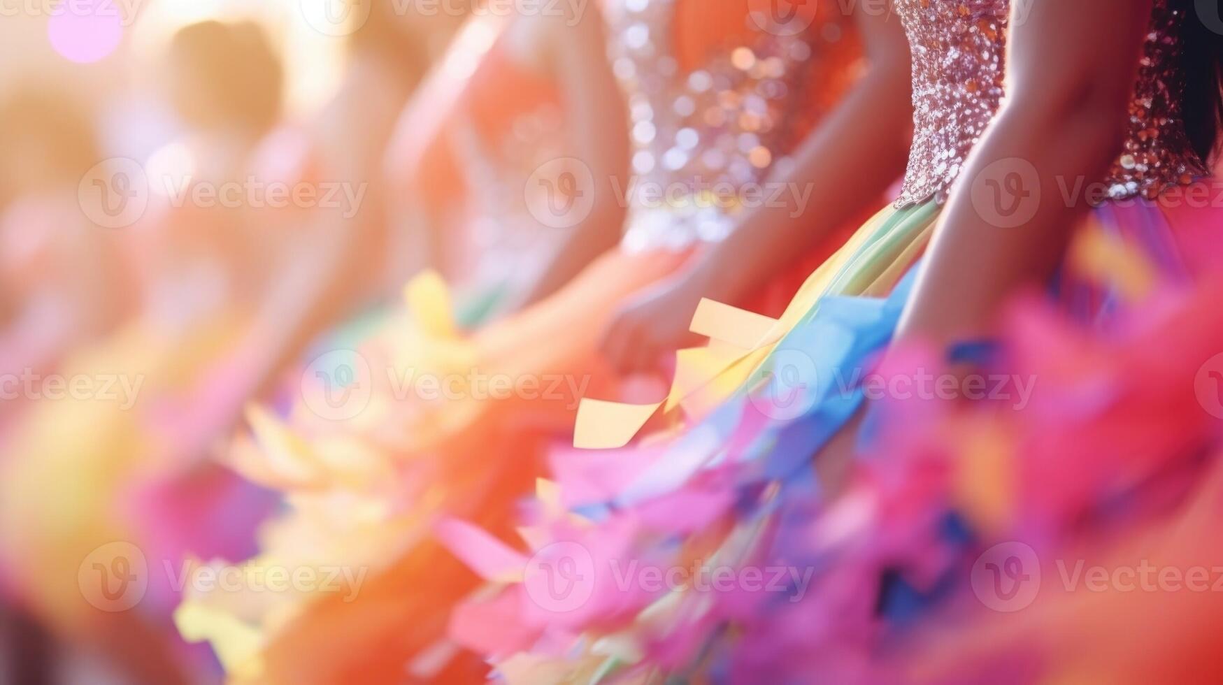 Closeup of colorful costumes swaying in a group dance routine photo