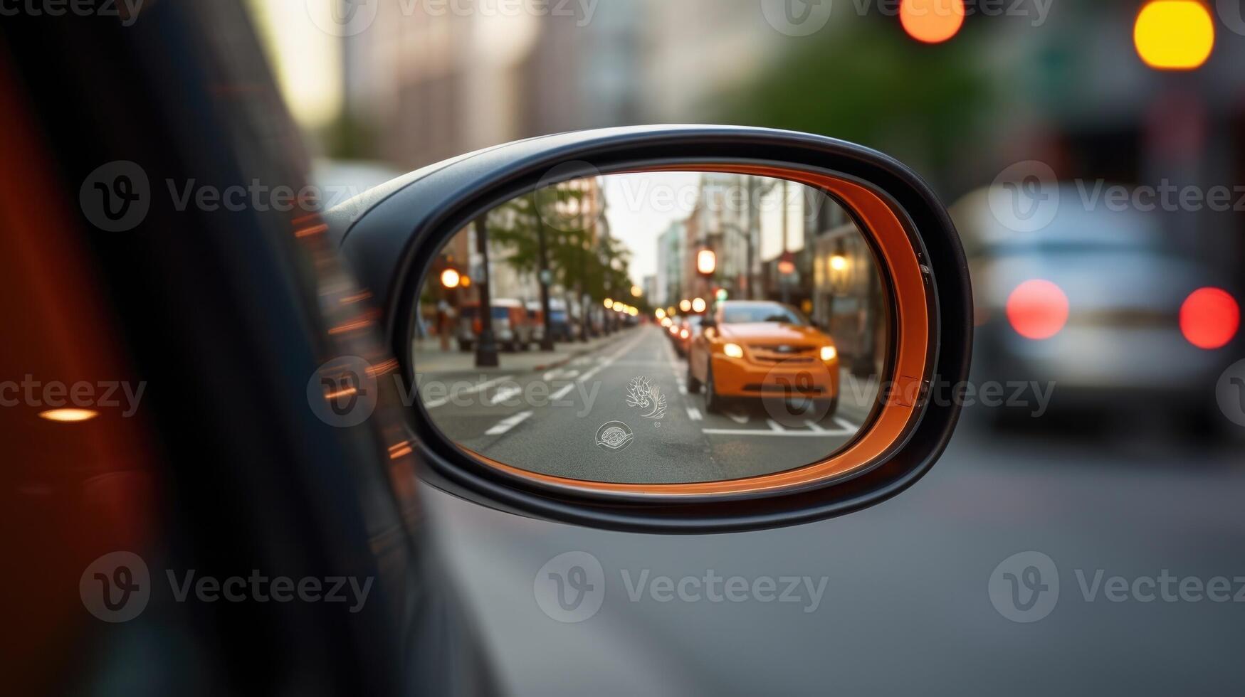Closeup of a cars blind spot mirror highlighting potential hazards. photo
