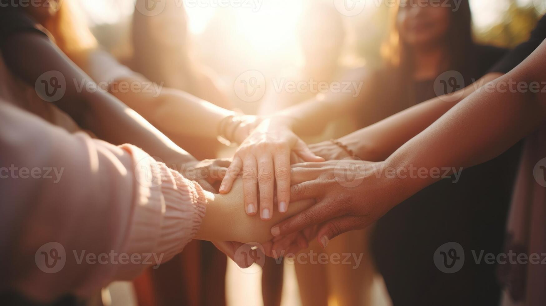 Closeup of a group of diverse individuals holding hands in solidarity, representing the unity and strength found within a supportive community. photo