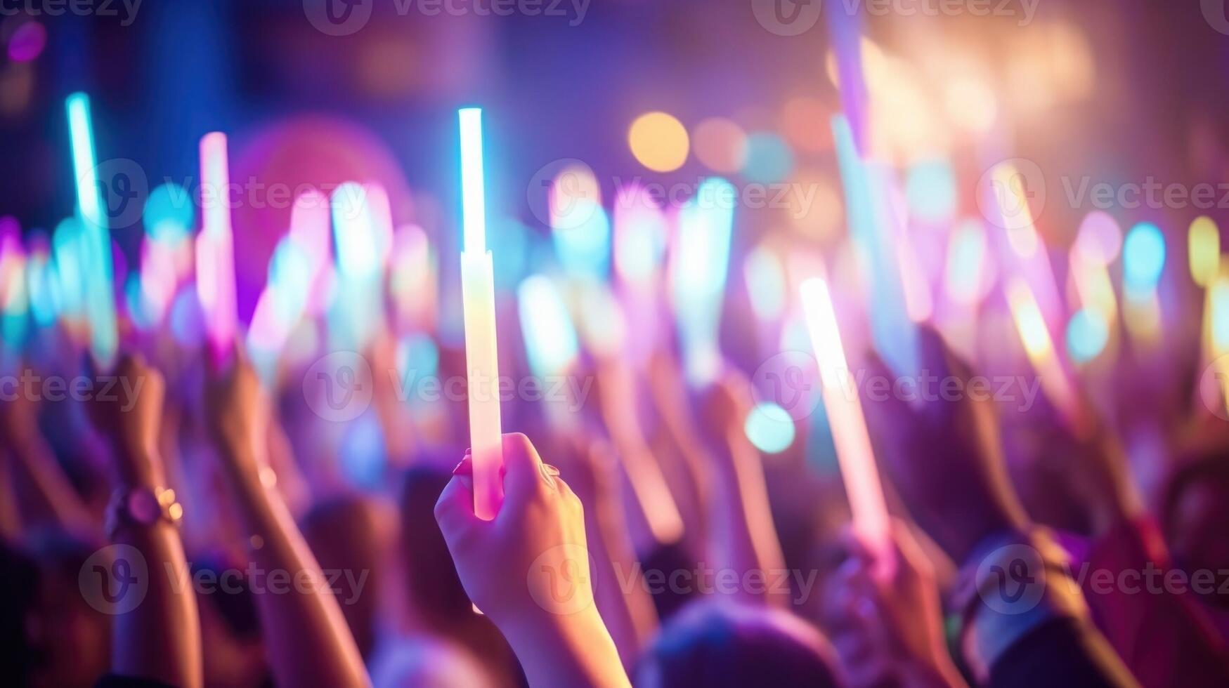 Closeup of a group of hands holding glow sticks, waving them in sync with the music. photo