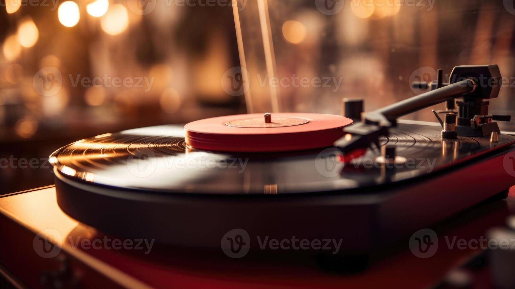 Closeup of a modern vinyl record player resting on a vintage desk. photo