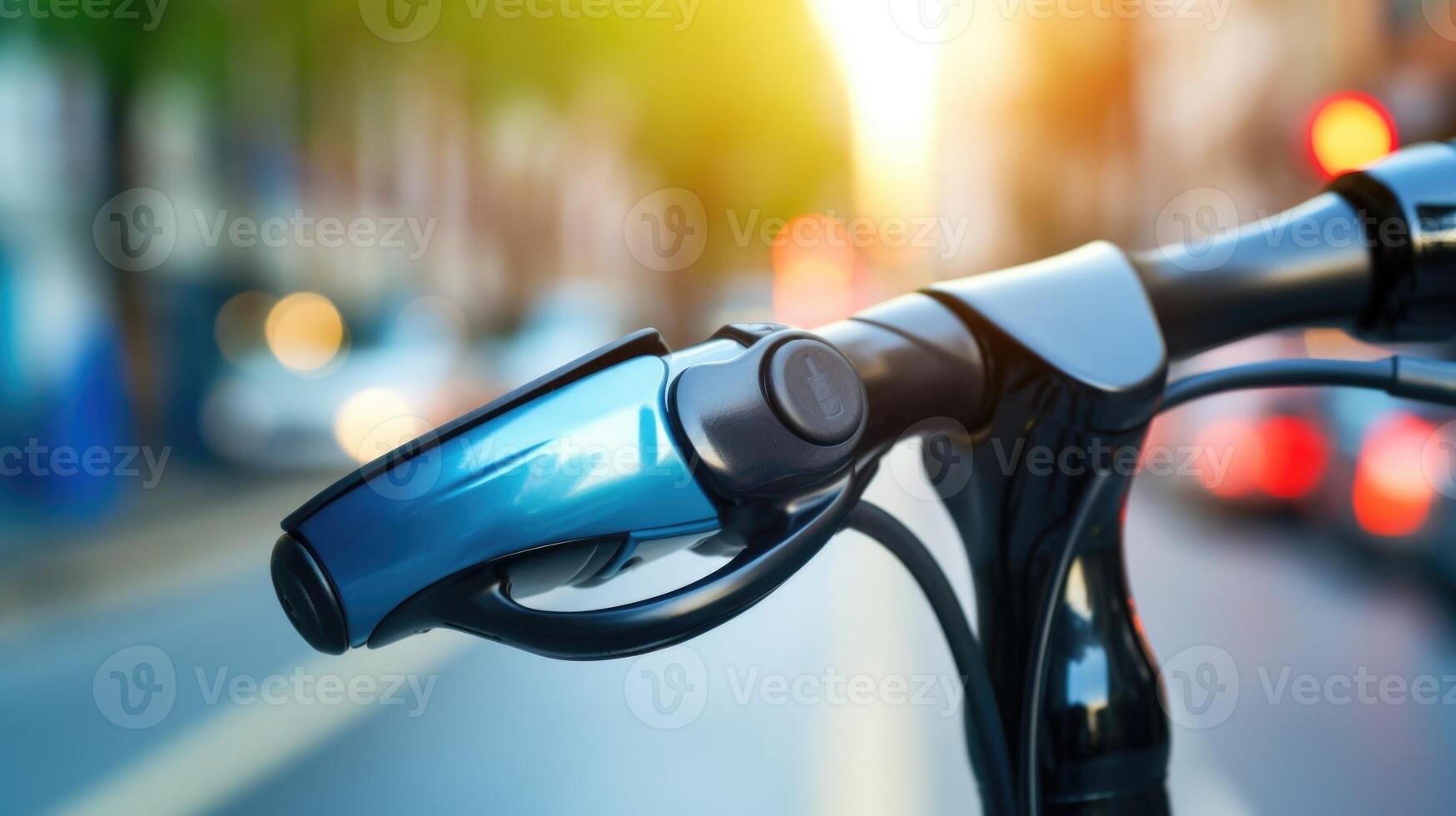 Closeup of a bike handlebar with attached ergonomic grips, providing comfort and control for city cycling. photo