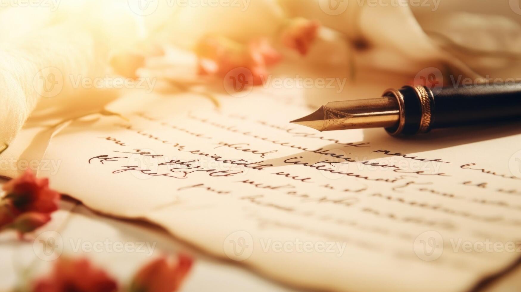 Closeup of calligraphy writing on a large, elegant piece of parchment paper. photo