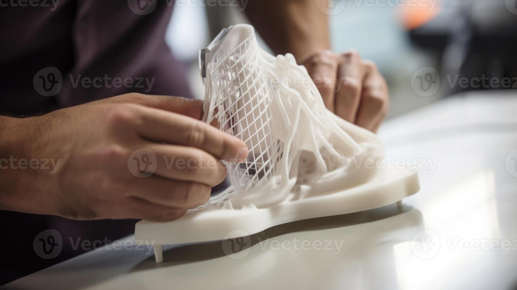 Closeup of a 3Dprinted prosthetic foot being fitted with a shoe and tested for comfort and functionality. photo