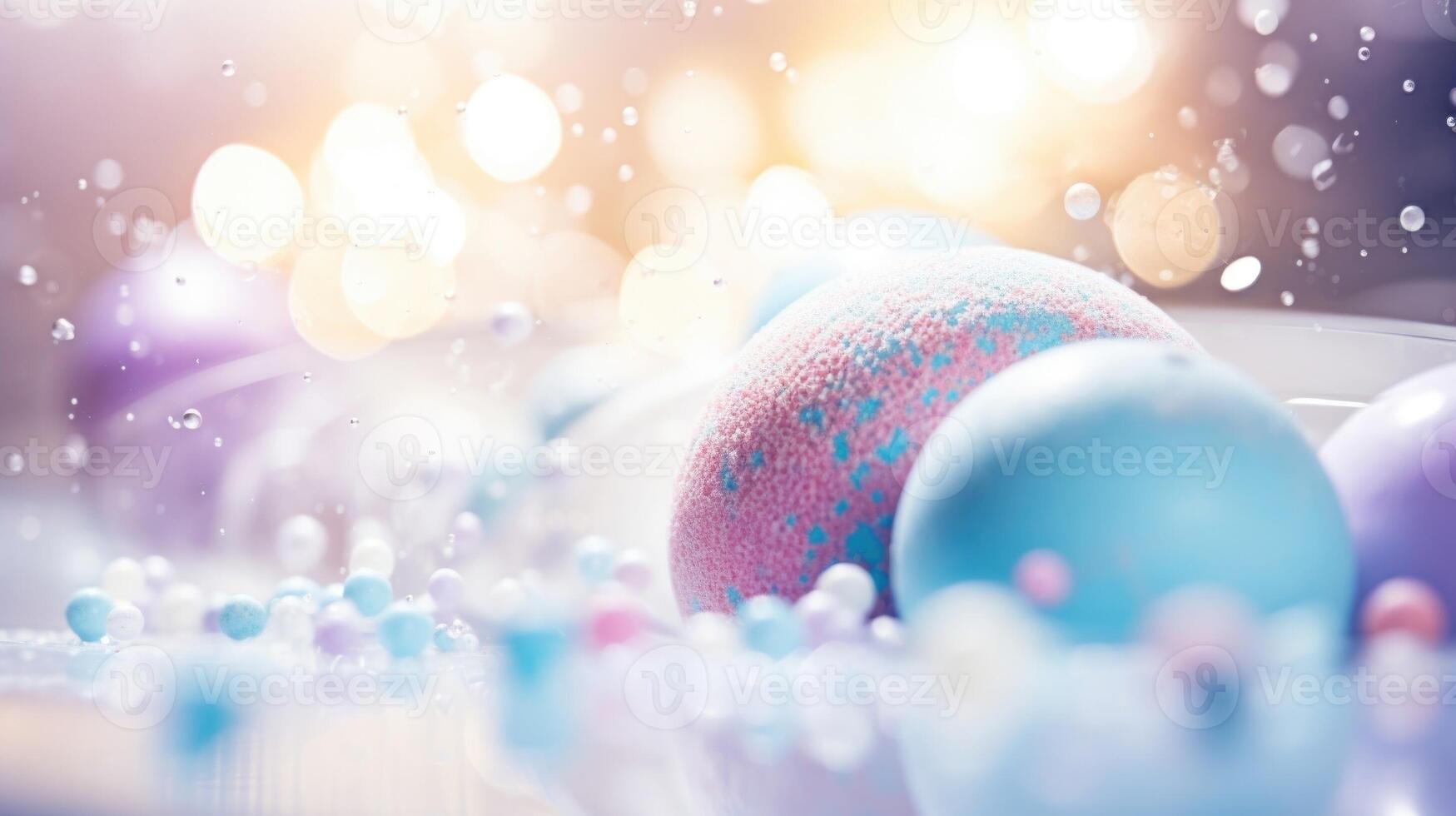 Closeup of a scented bath bomb dissolving in a bathtub filled with bubbles. photo