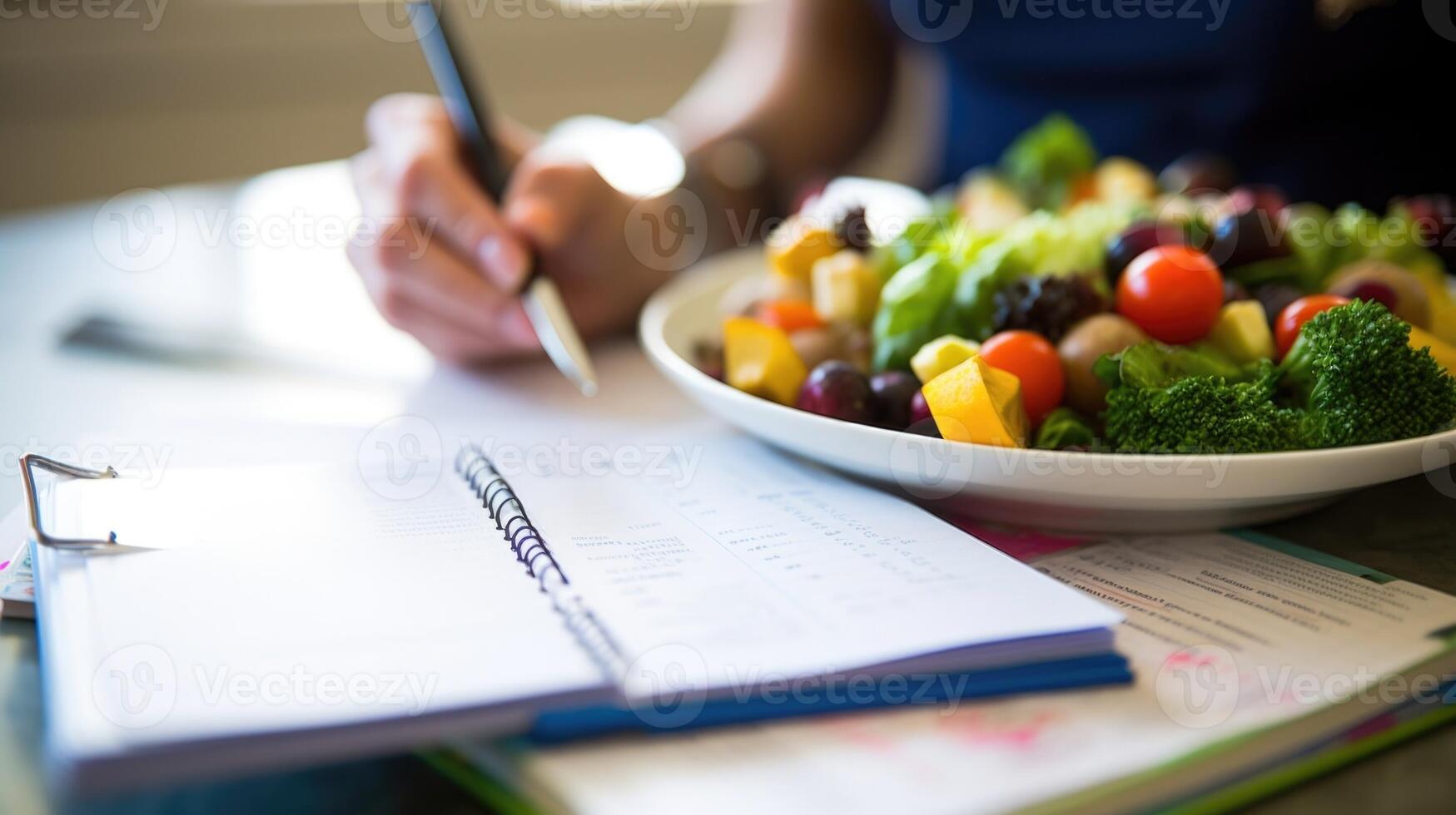 Closeup of a food diary filled out by a client during an online nutritional counseling session. photo