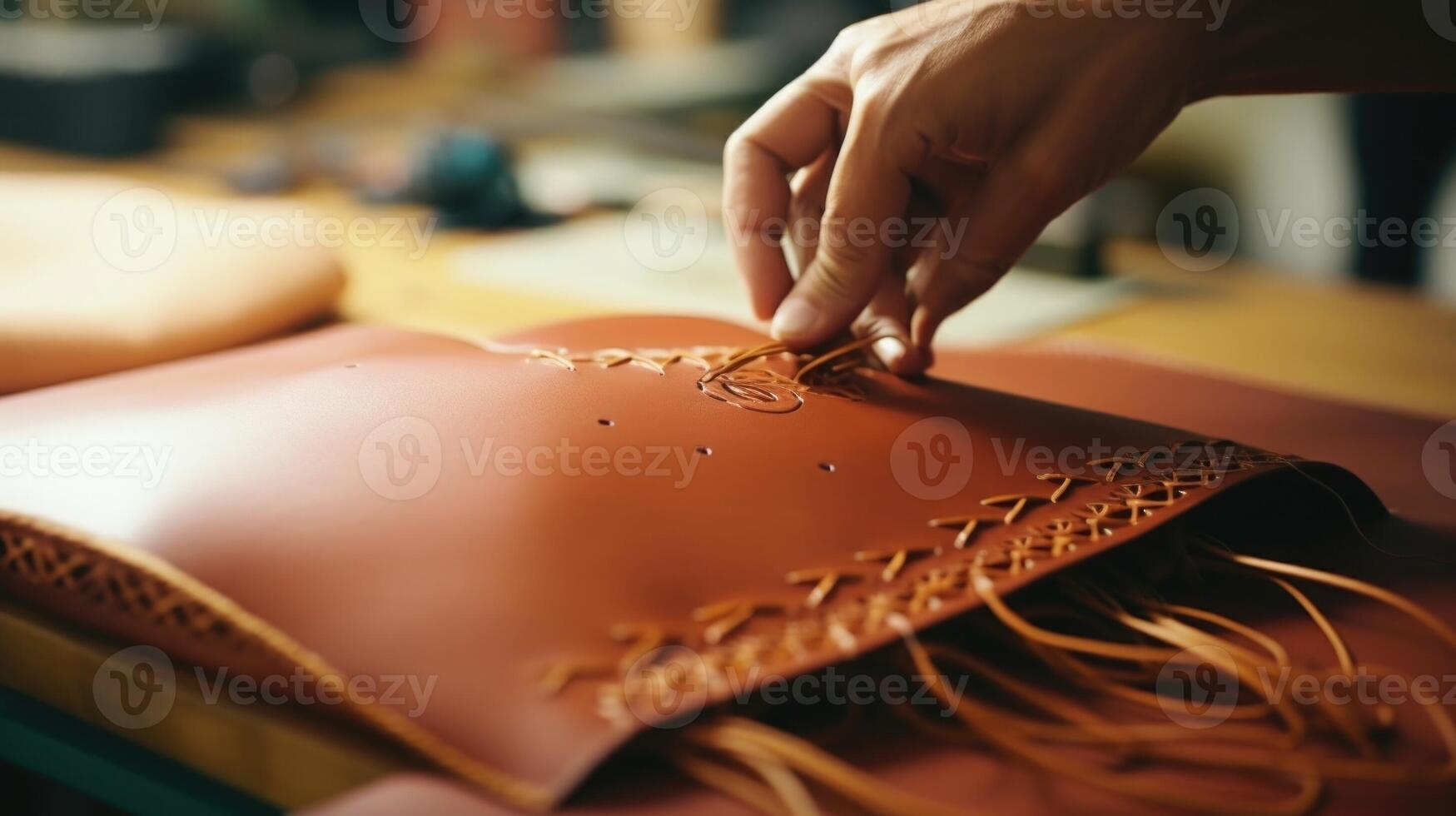 Closeup of a leatherworkers hand stitching a delicate design onto a leather bag. photo