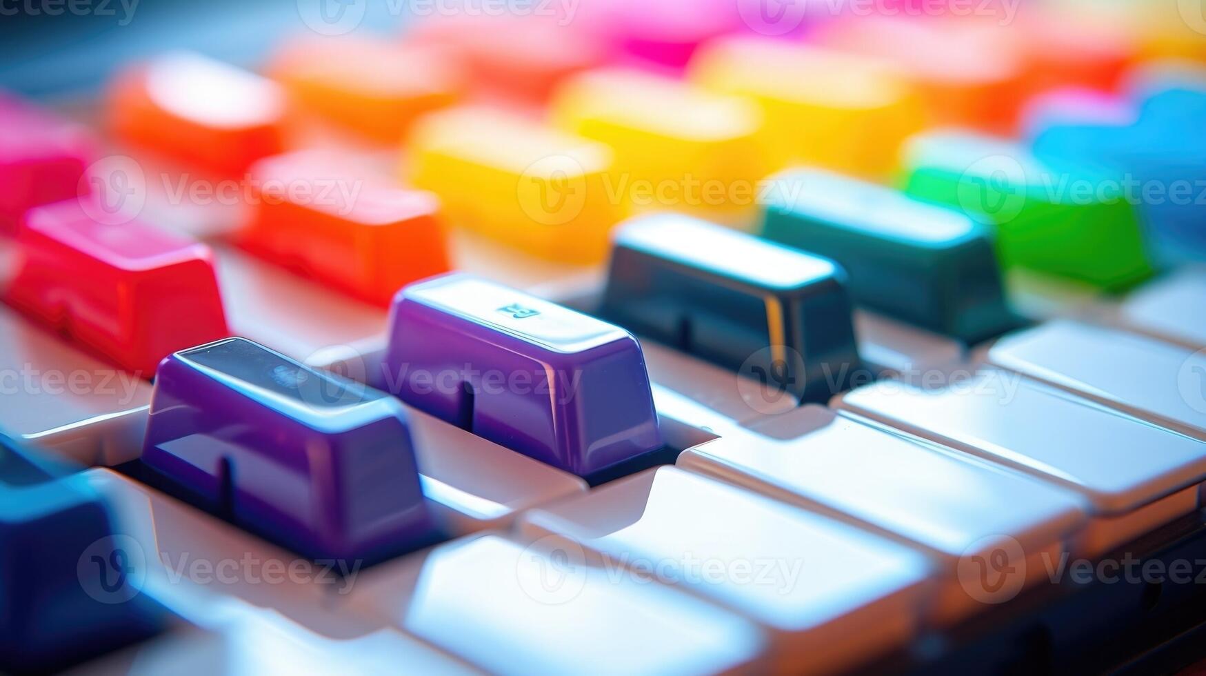 Macro shot of a tiny keyboard with colorful keys, symbolizing how easily kids can use AI for music composition. photo