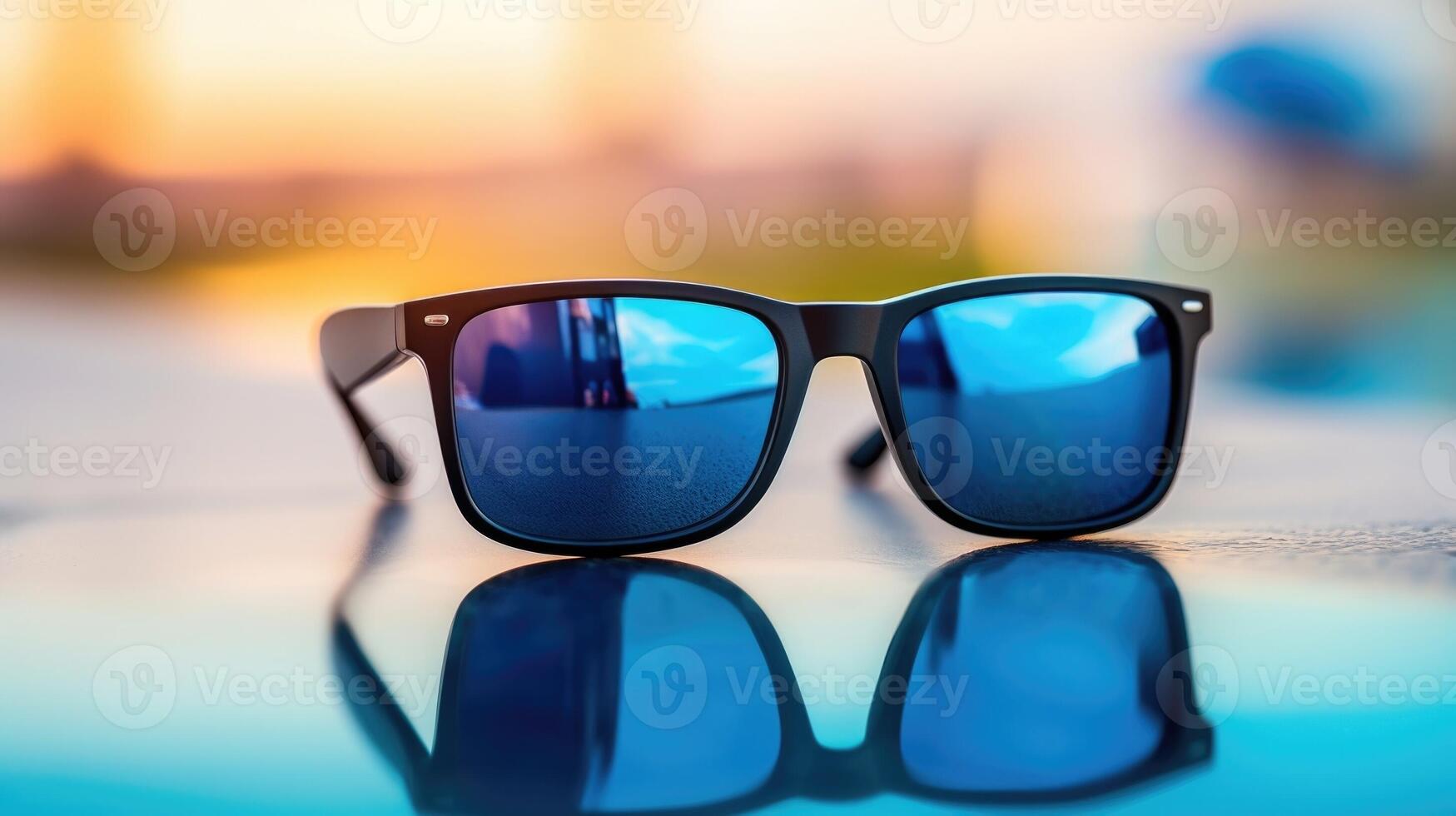 Closeup of a sleek pair of square sunglasses with black frames and blue mirrored lenses. photo