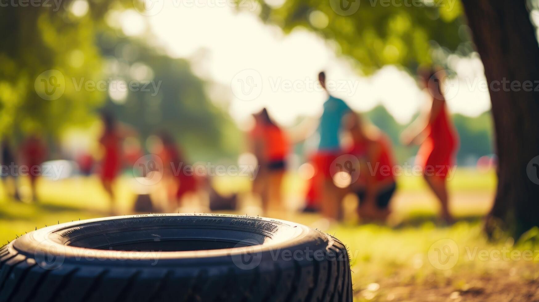 Closeup of a tire repaired and painted by a group of volunteers at a local sports camp. photo