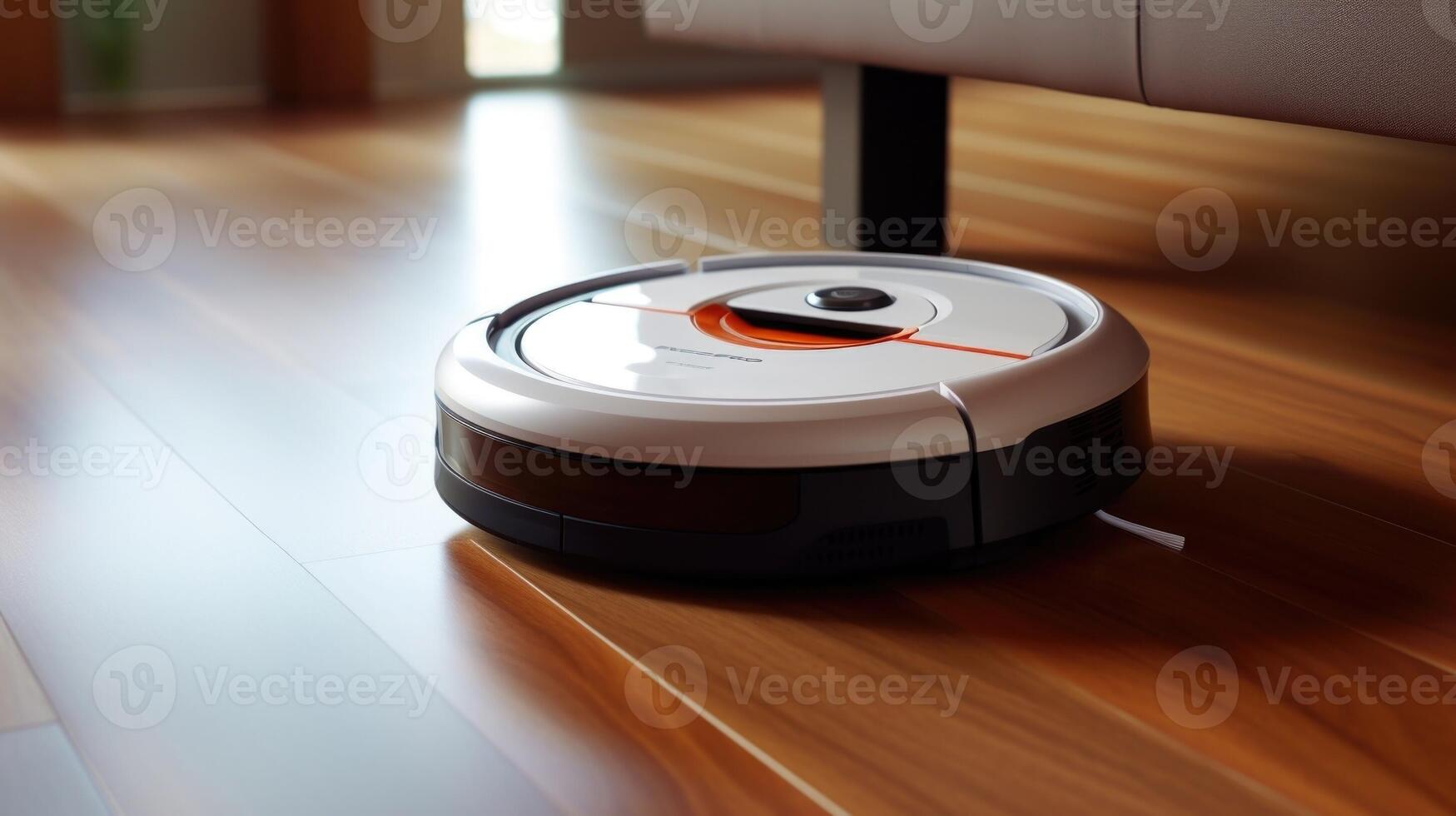 Closeup of a robot vacuums sleek and modern design as it glides across a hardwood floor. photo