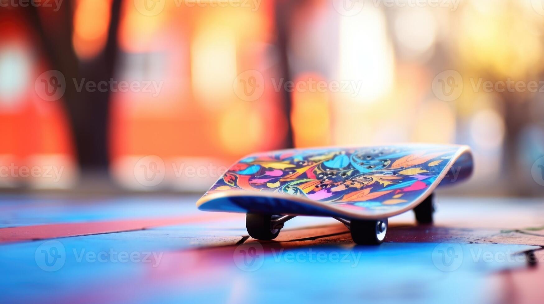 Closeup of a brightly colored skate deck with a graphic design. photo