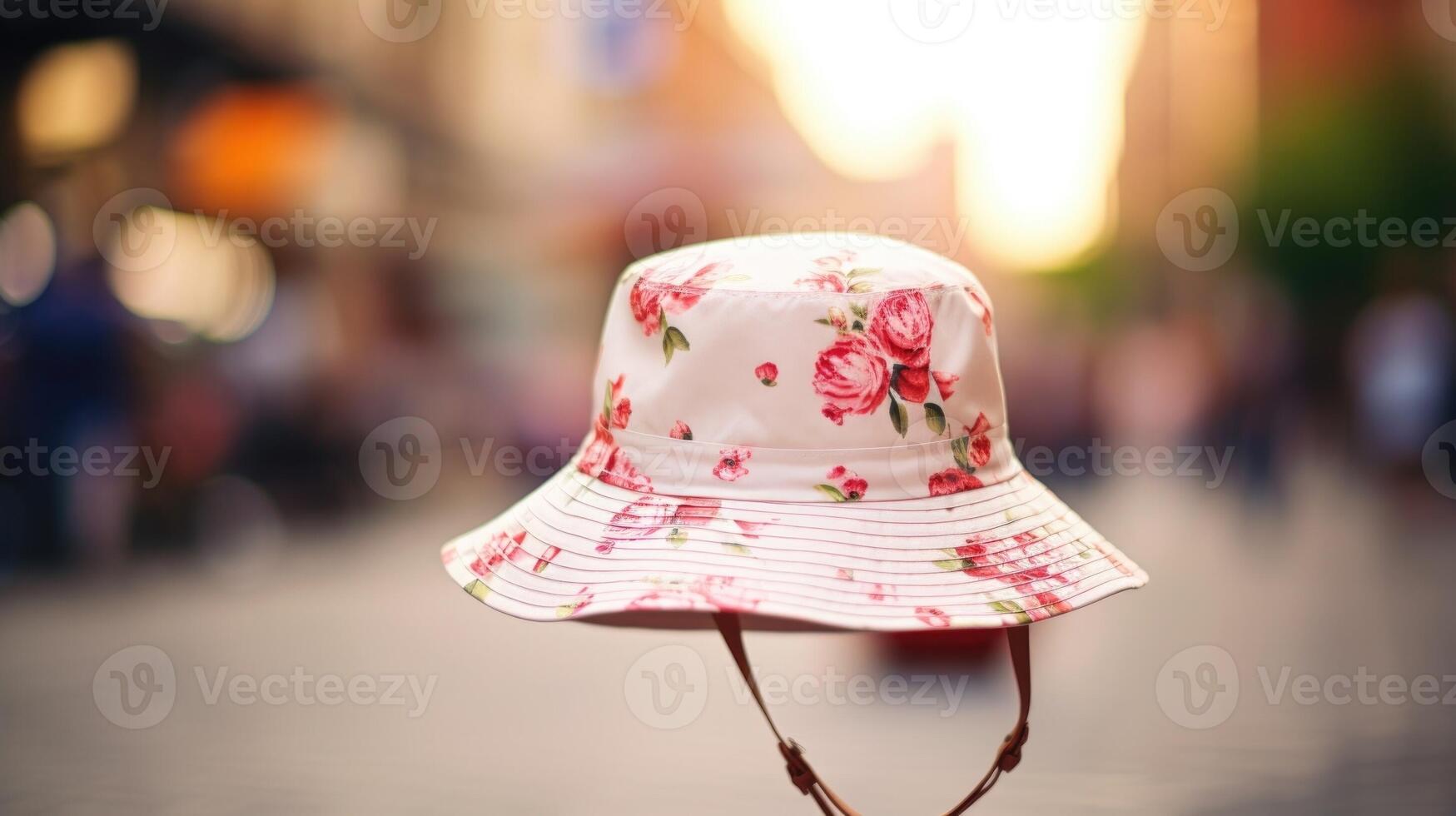 Closeup of a trendy bucket hat adorned with a dainty floral pattern, perfect for adding a touch of femininity to any fashion street ensemble. photo