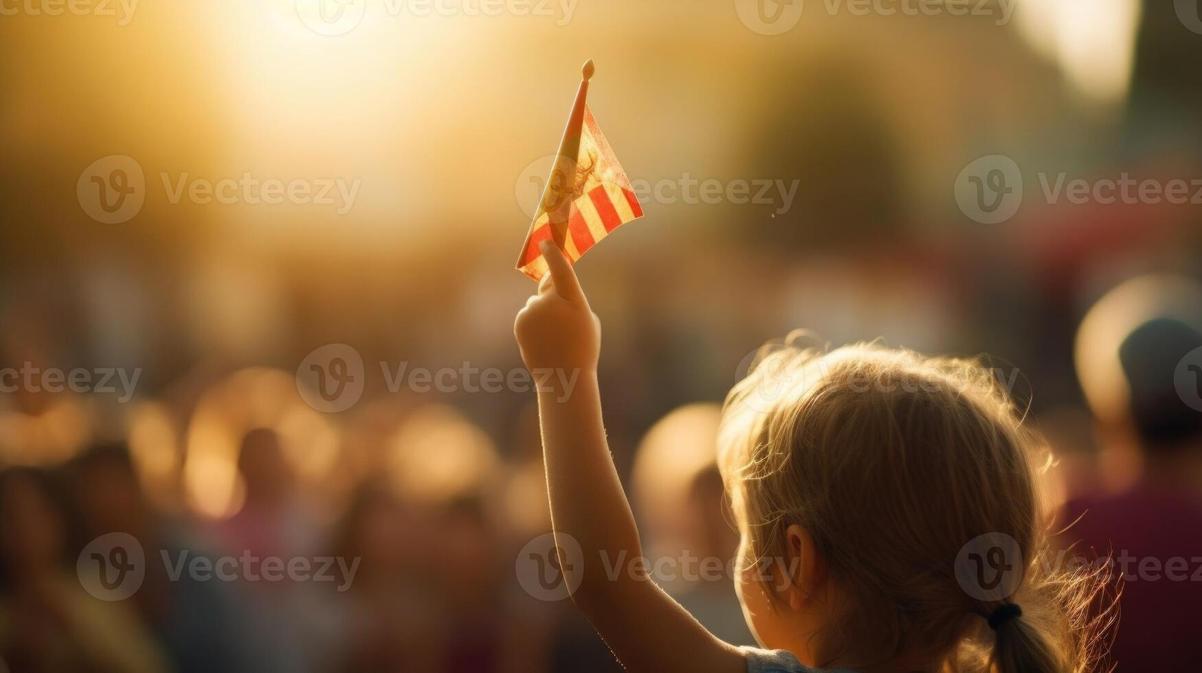 Closeup of a young childs hands eagerly waving a small flag with the parades symbol on it. photo
