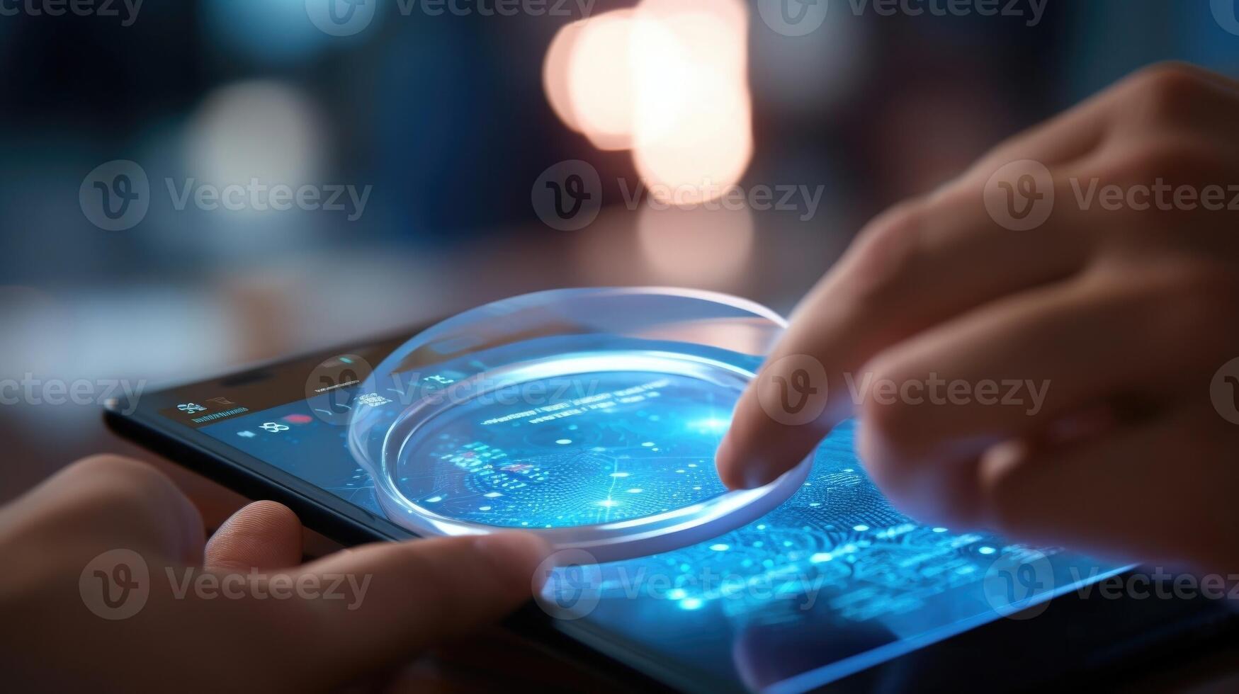 Closeup of a hand scrolling through the results of a skin analysis app, with a magnifying glass icon highlighting problem areas. photo