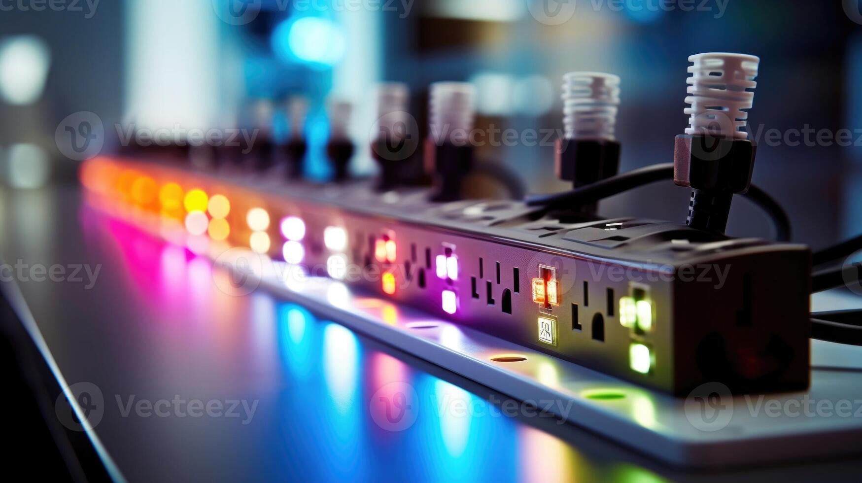 Closeup of a smart power strip with individual control switches for each outlet. photo