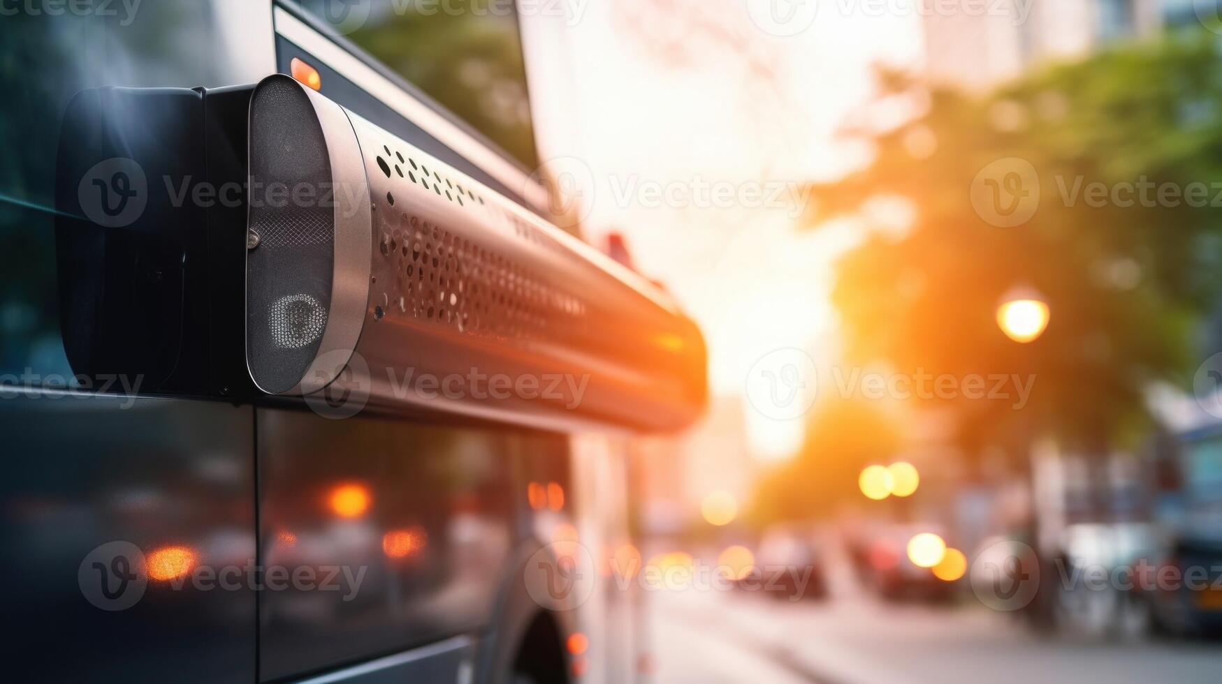 Macro shot of the lowemission exhaust pipe on an electric bus, contributing to cleaner air in the city. photo